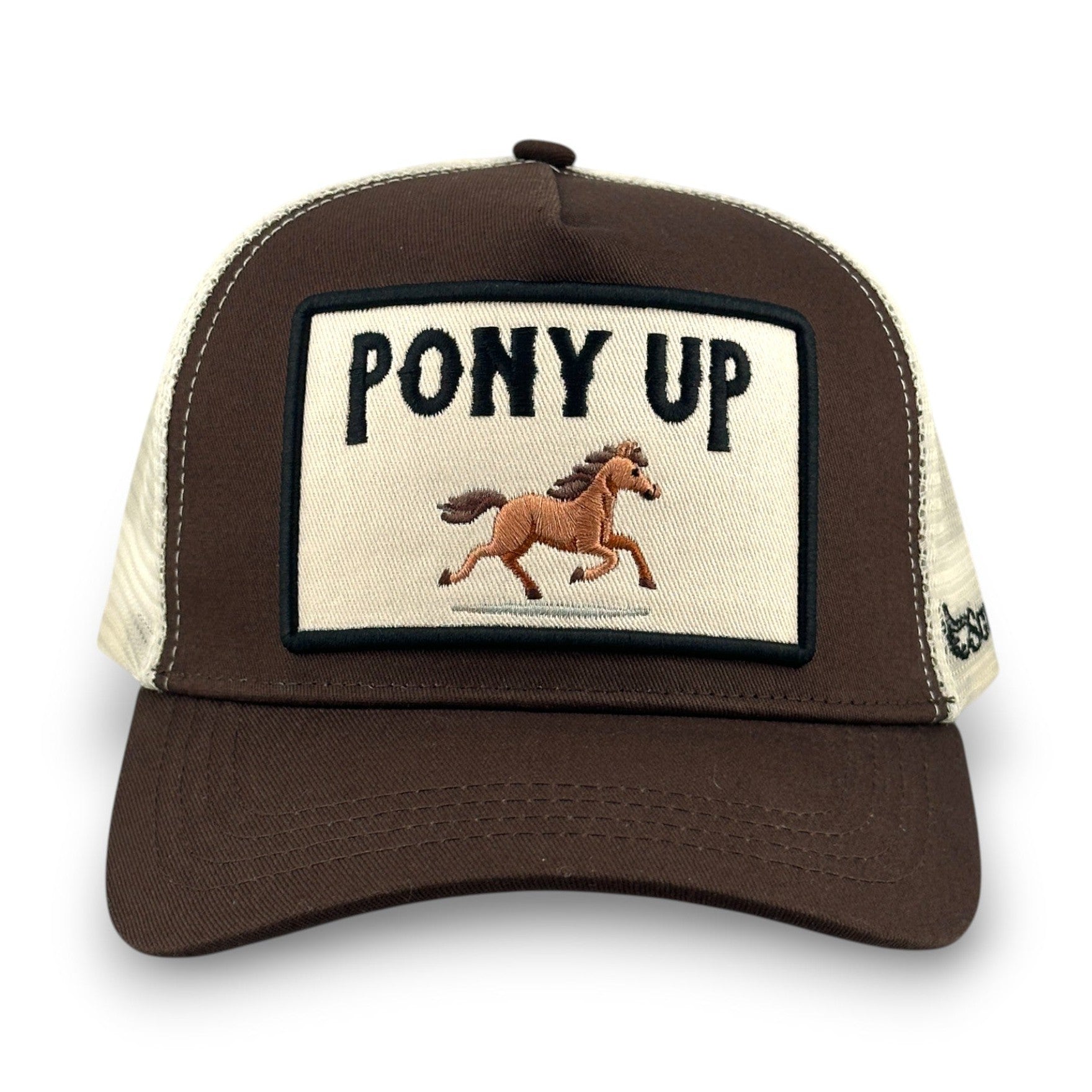 Brown cotton trucker hat with cream mesh back and embroidered Pony Up running pony patch