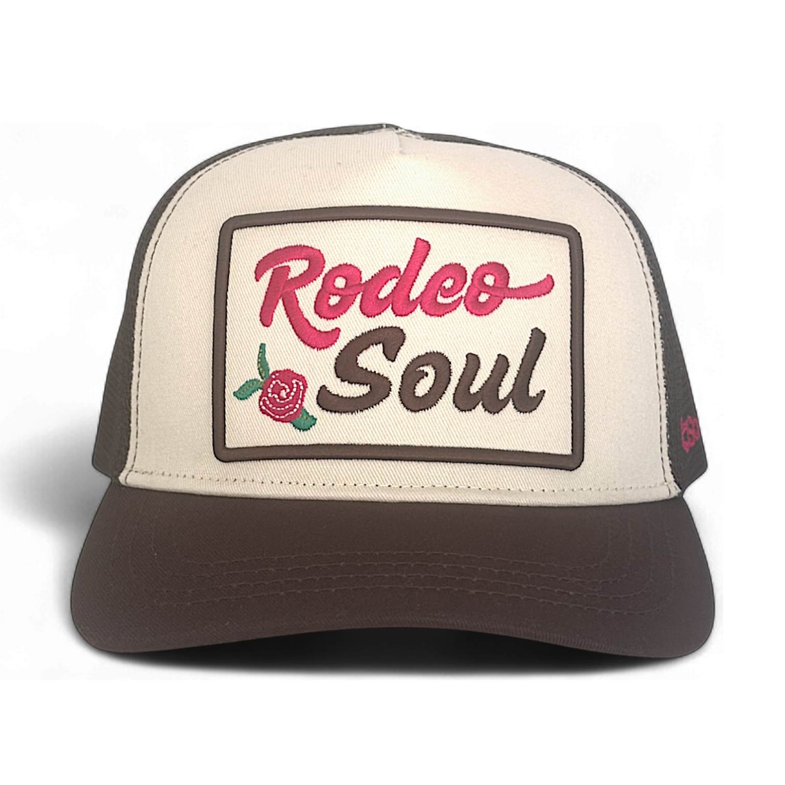 Rodeo Soul embroidered patch on brown and cream trucker hat