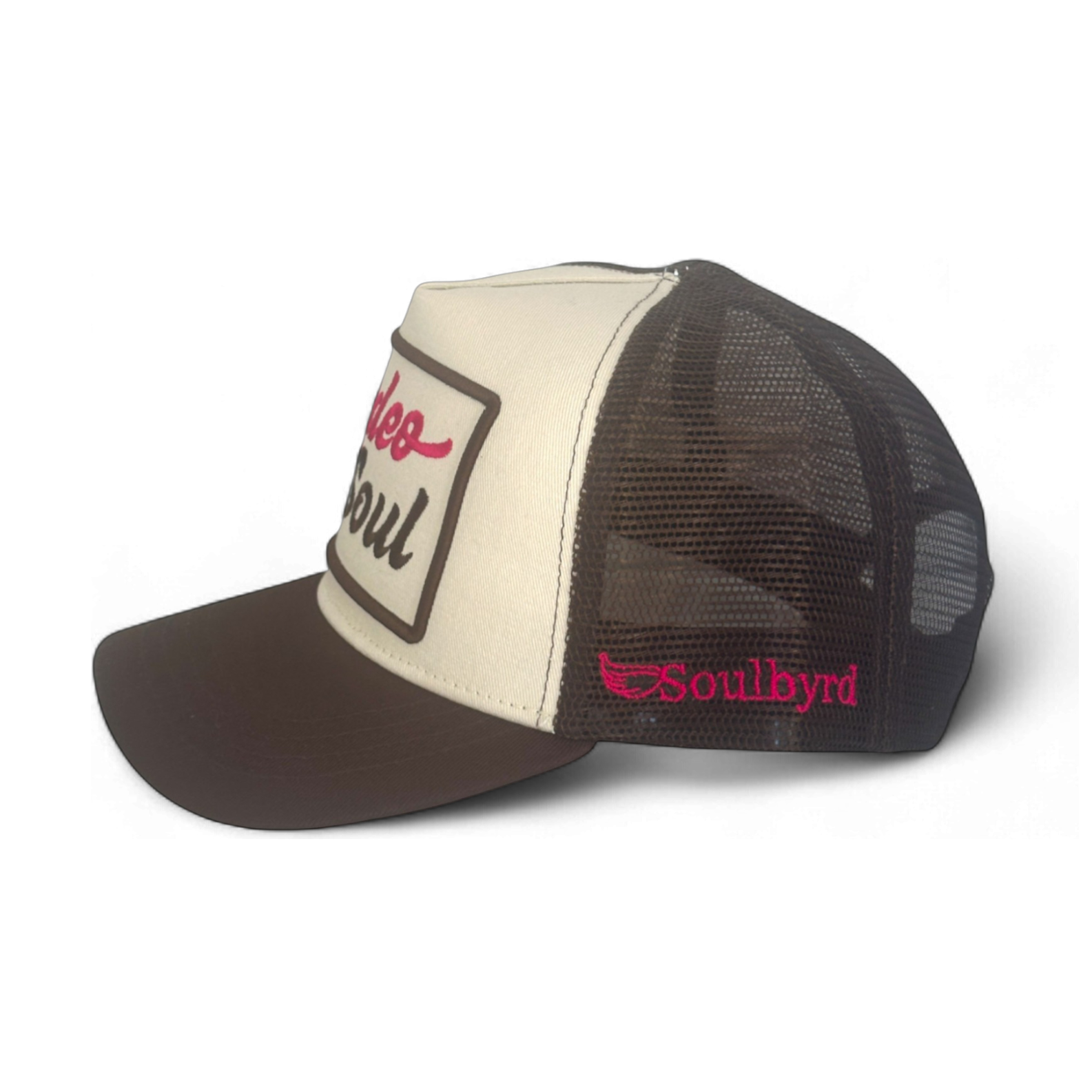 Brown and cream Soulbyrd trucker hat with pink side embroidery