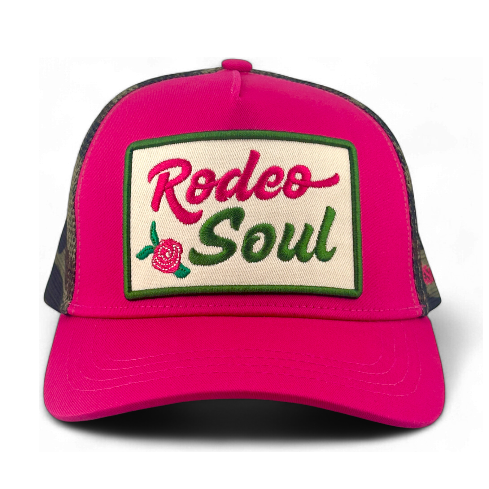 Front view pink trucker hat featuring Rodeo Soul patch and rose embroidery