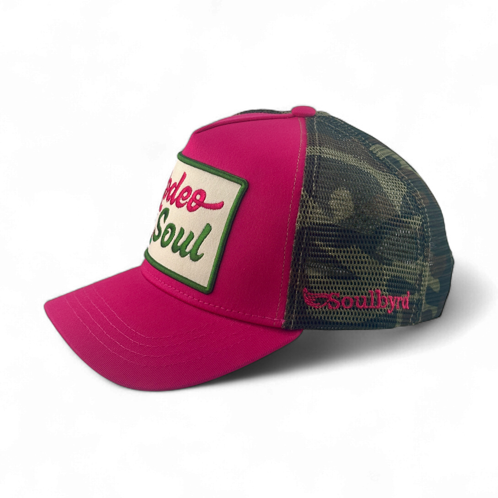 Pink Rodeo Soul trucker hat with camo mesh back and embroidered Soulbyrd logo
