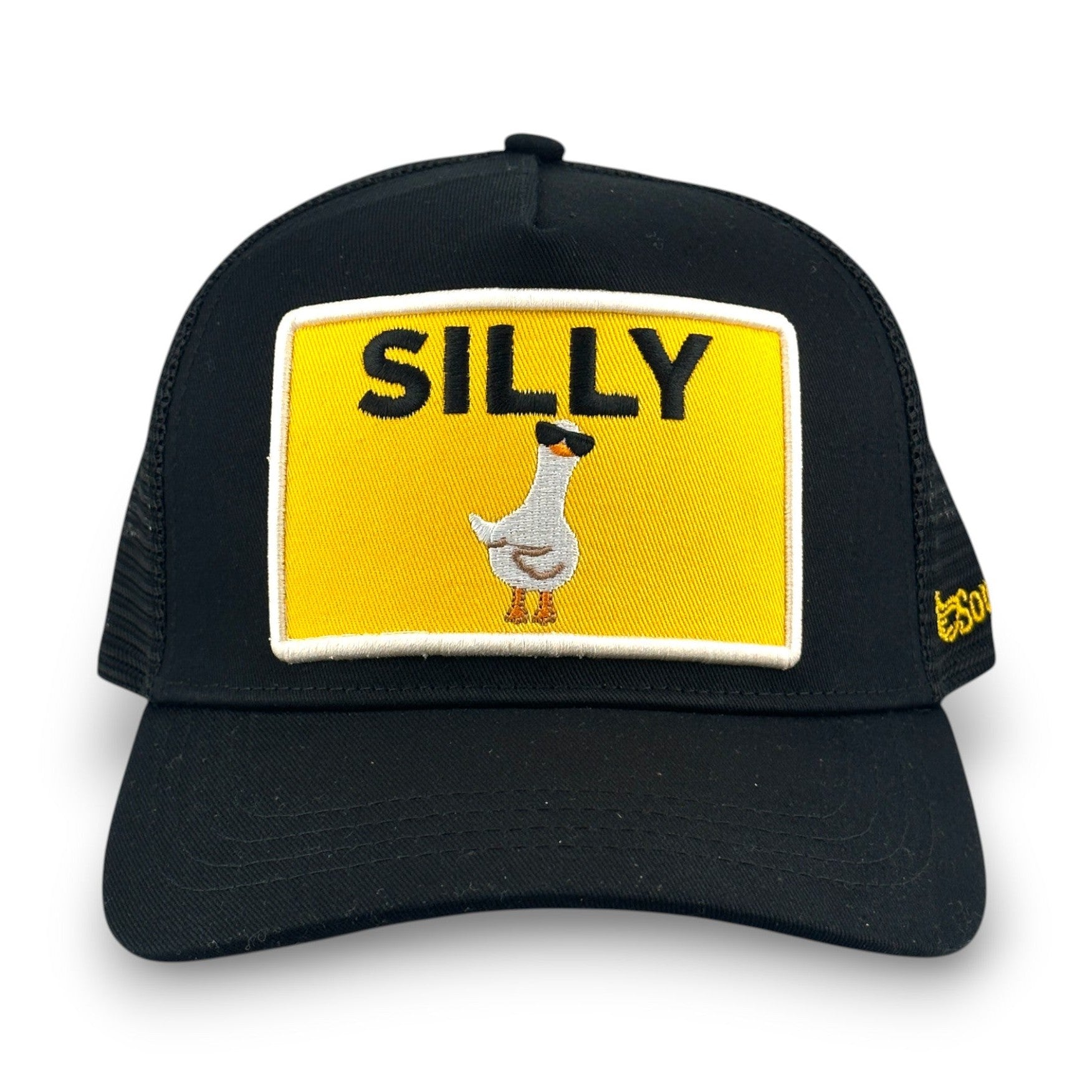 Black cotton trucker hat with yellow patch featuring embroidered goose wearing sunglasses
