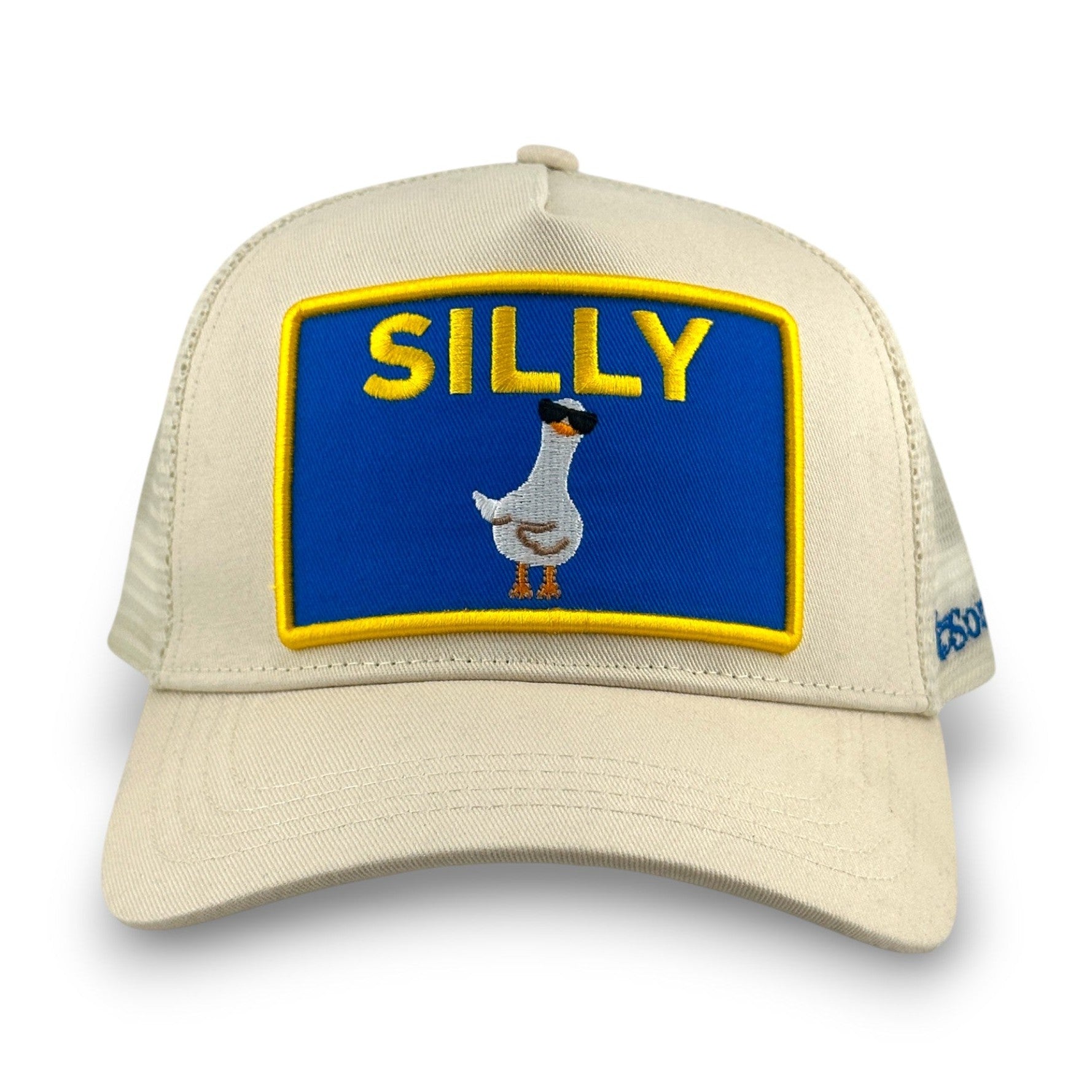 Cream trucker hat with embroidered Silly Goose patch and blue border