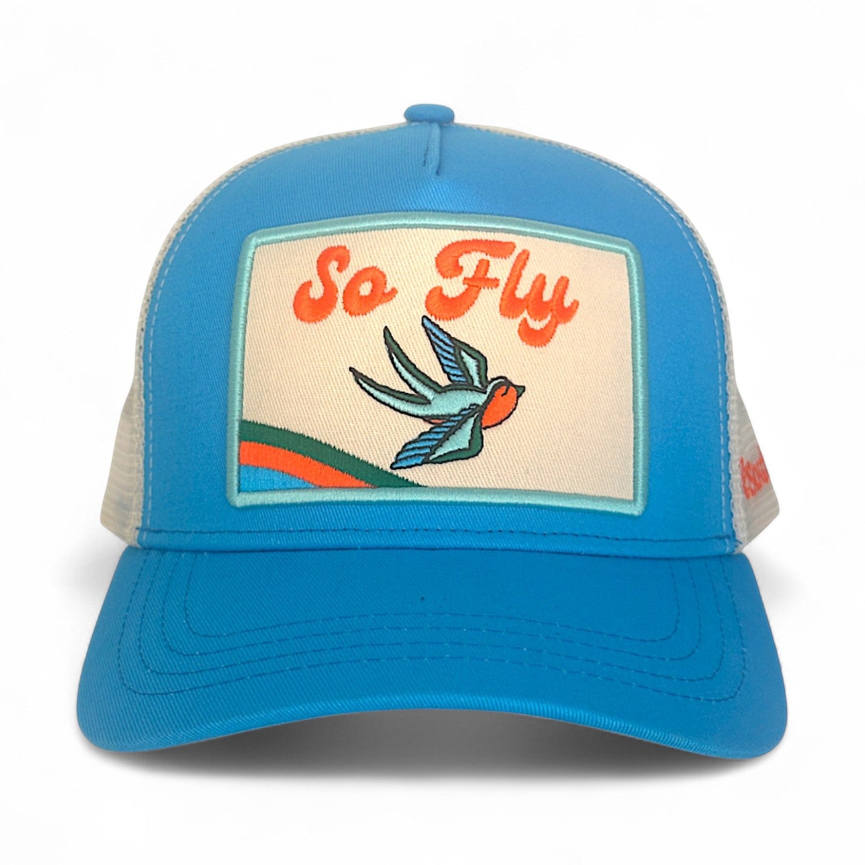 Turquoise So Fly trucker hat with embroidered bird patch and mesh back