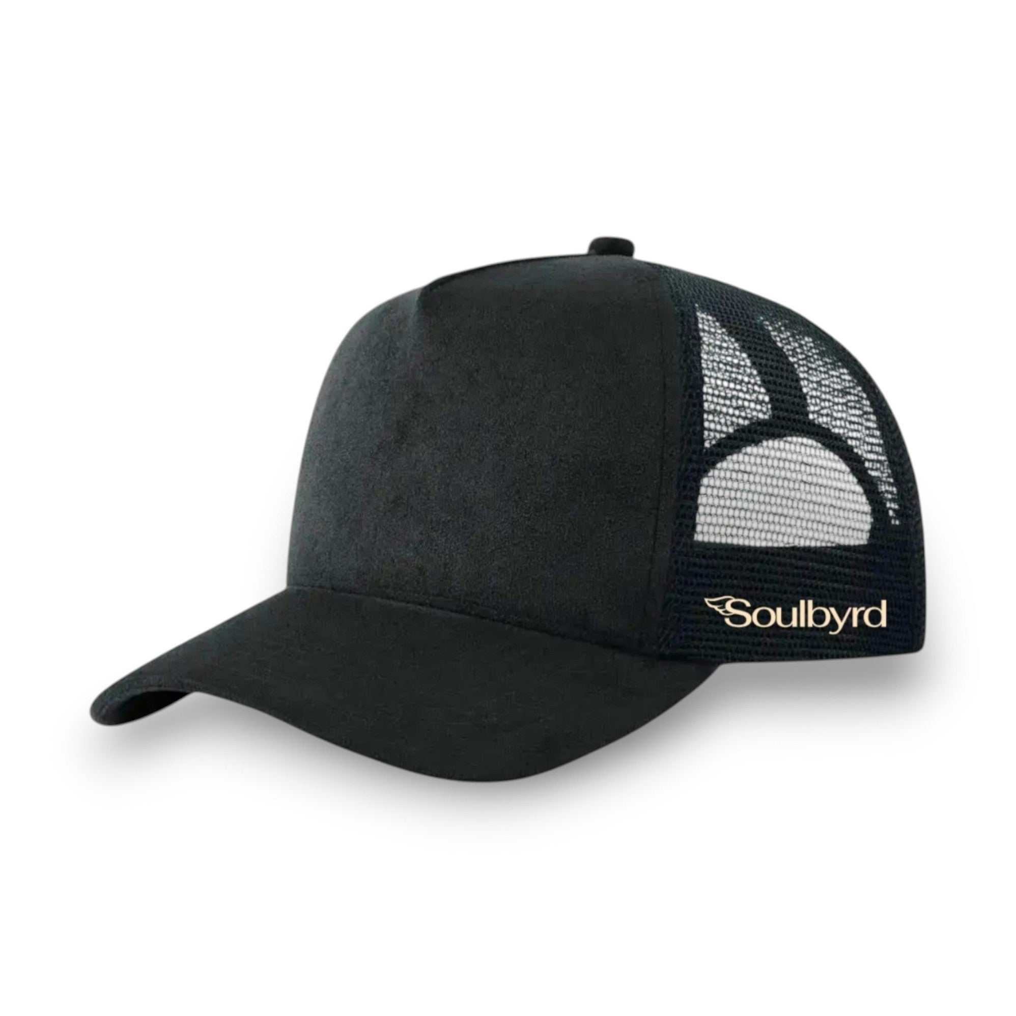 Black suede trucker hat with embroidered Soulbyrd wing logo and mesh back