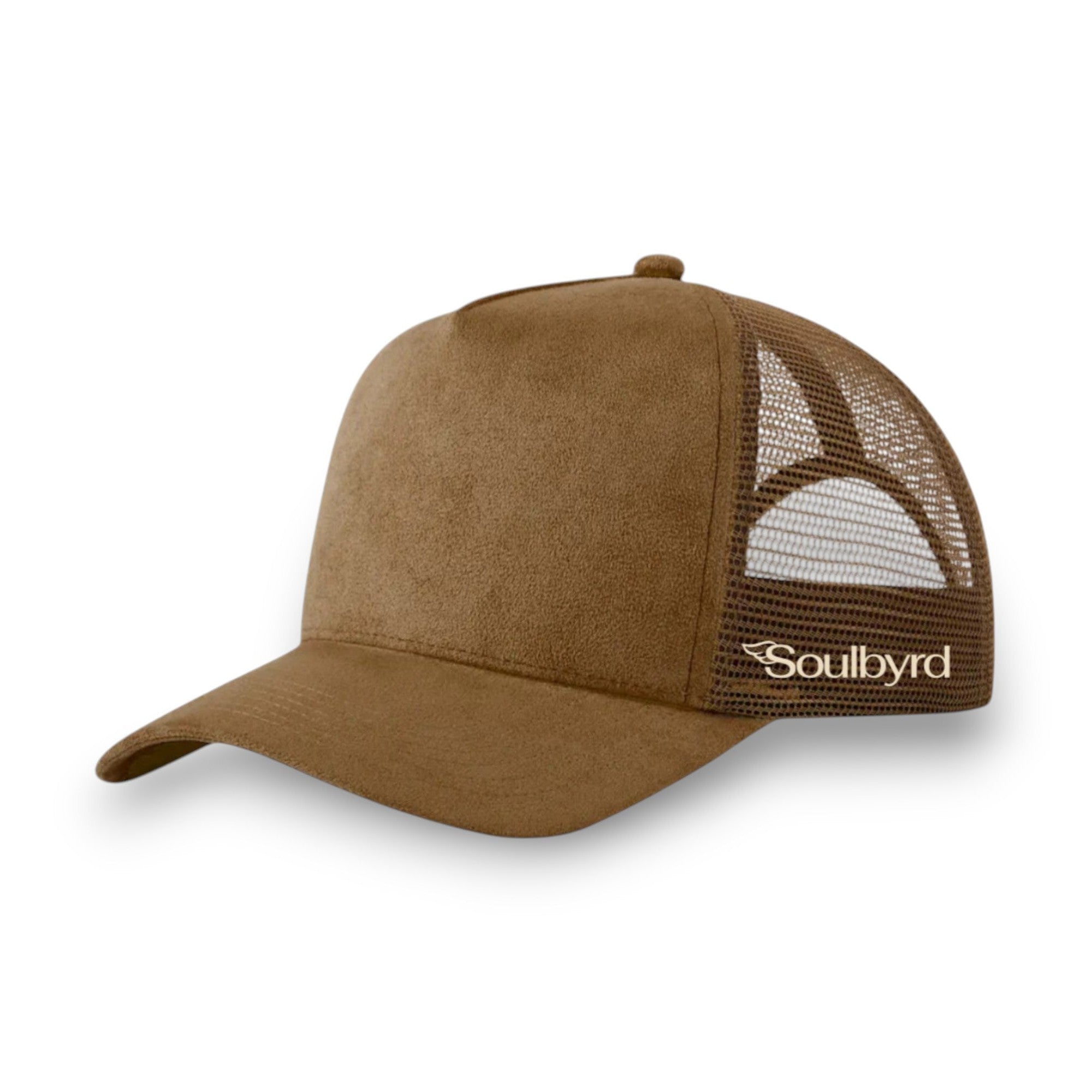 Brown suede trucker hat with mesh back and Soulbyrd logo