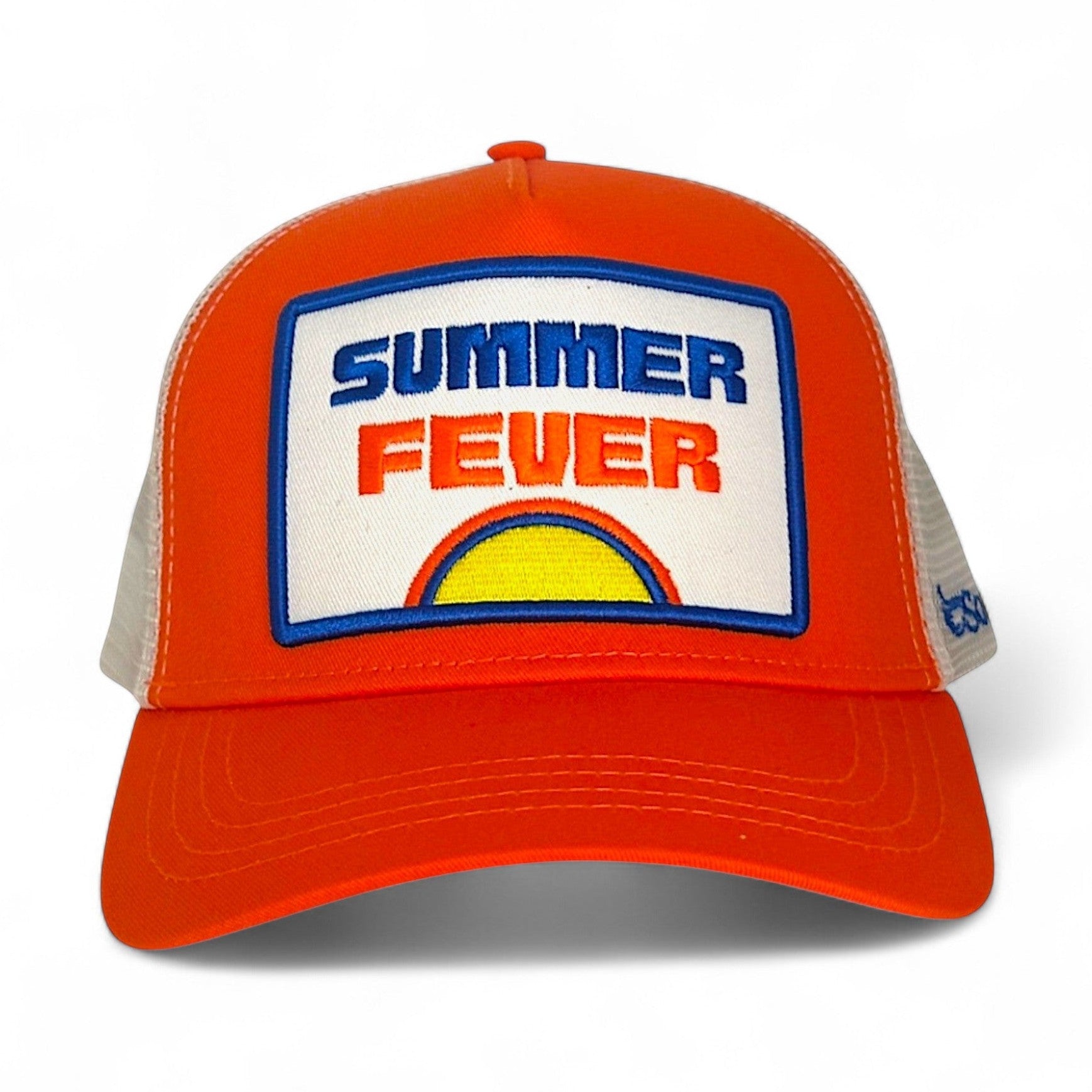 Front view of orange Summer Fever trucker hat with embroidered sun patch and blue border