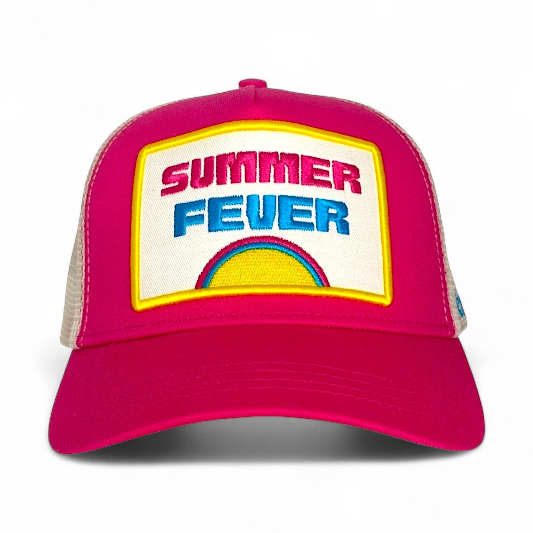 Front view pink cotton twill trucker hat featuring SUMMER FEVER text and sun design