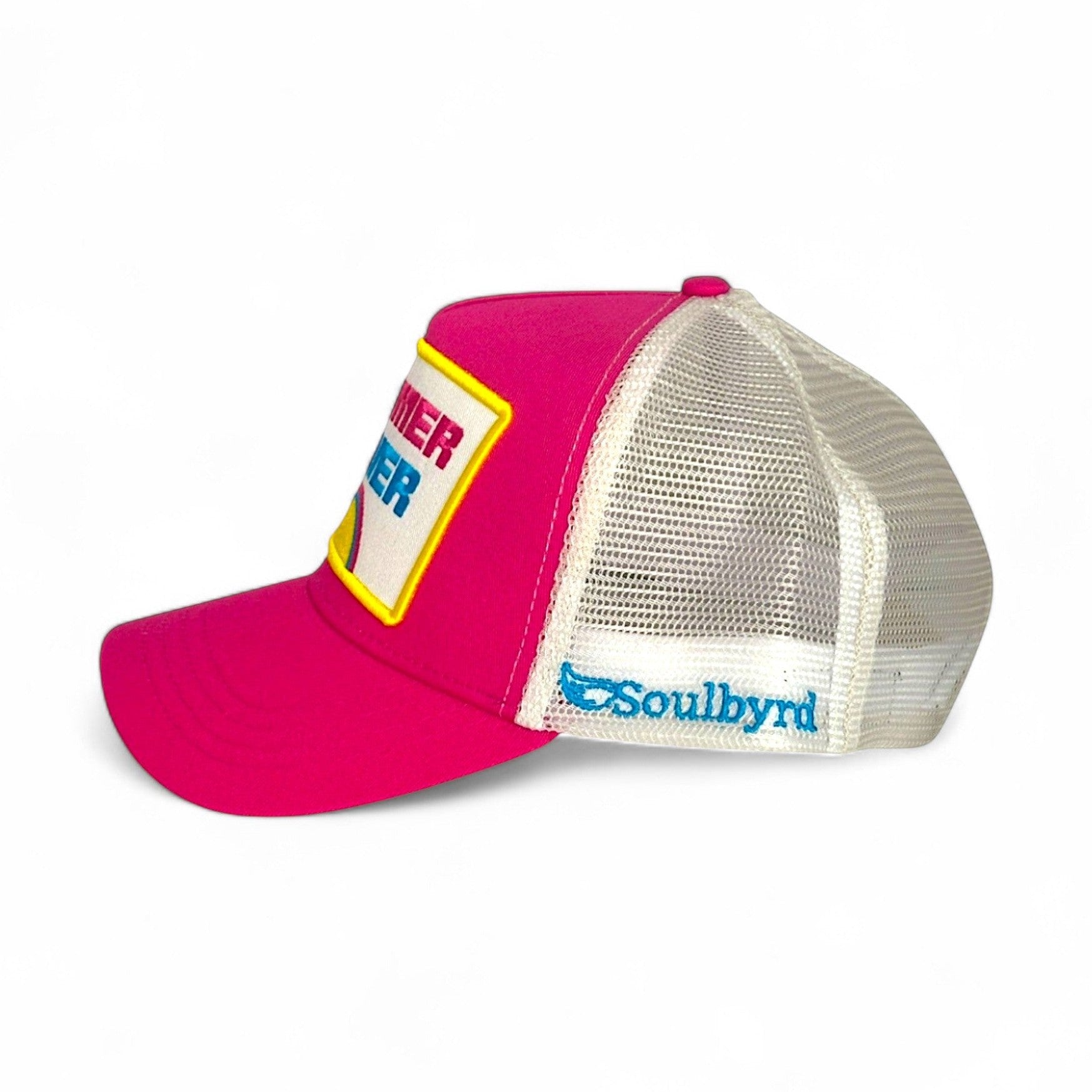 Pink Soulbyrd Summer Fever trucker hat with embroidered patch and rainbow graphic