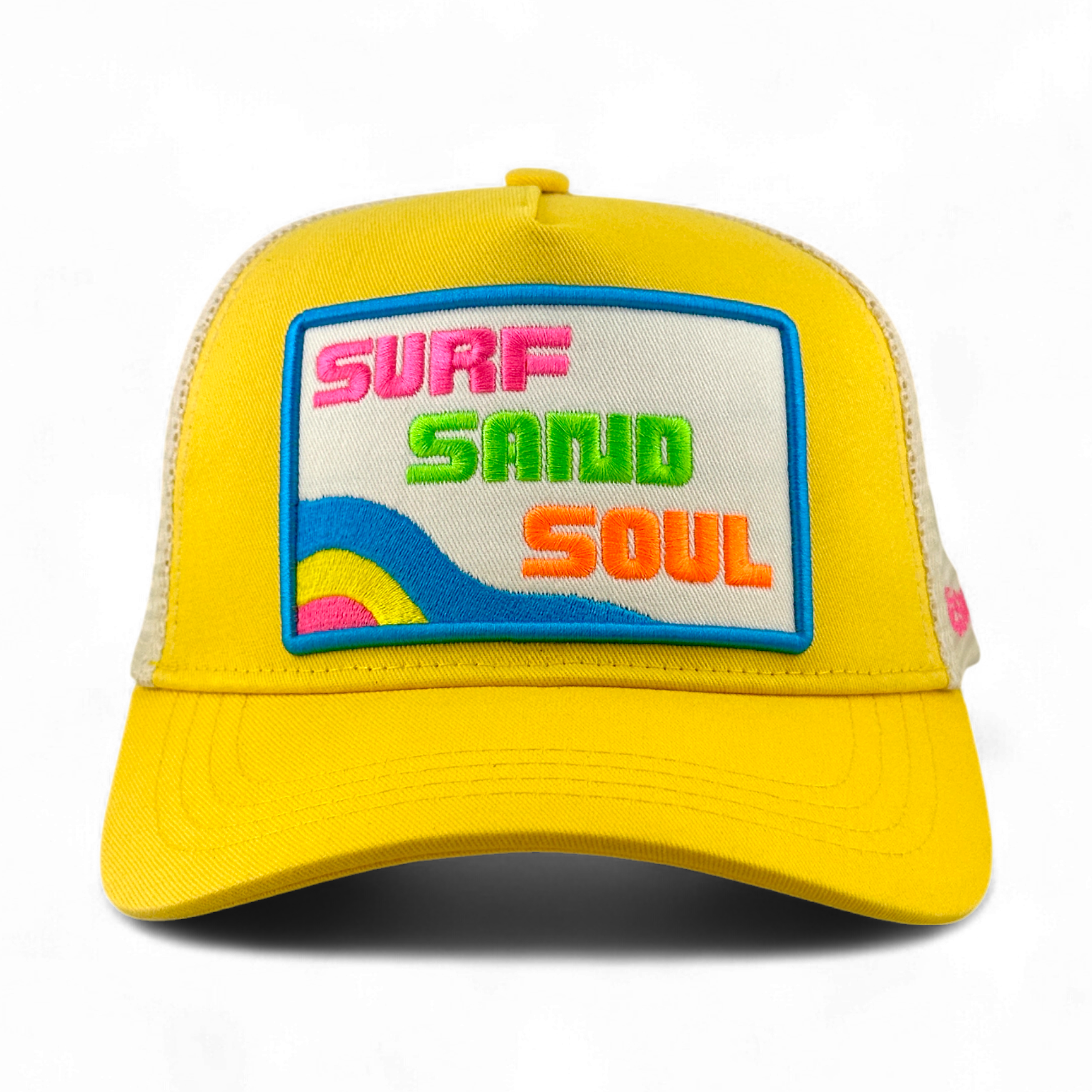Front view yellow Soulbyrd trucker hat featuring bold embroidered wave design and text