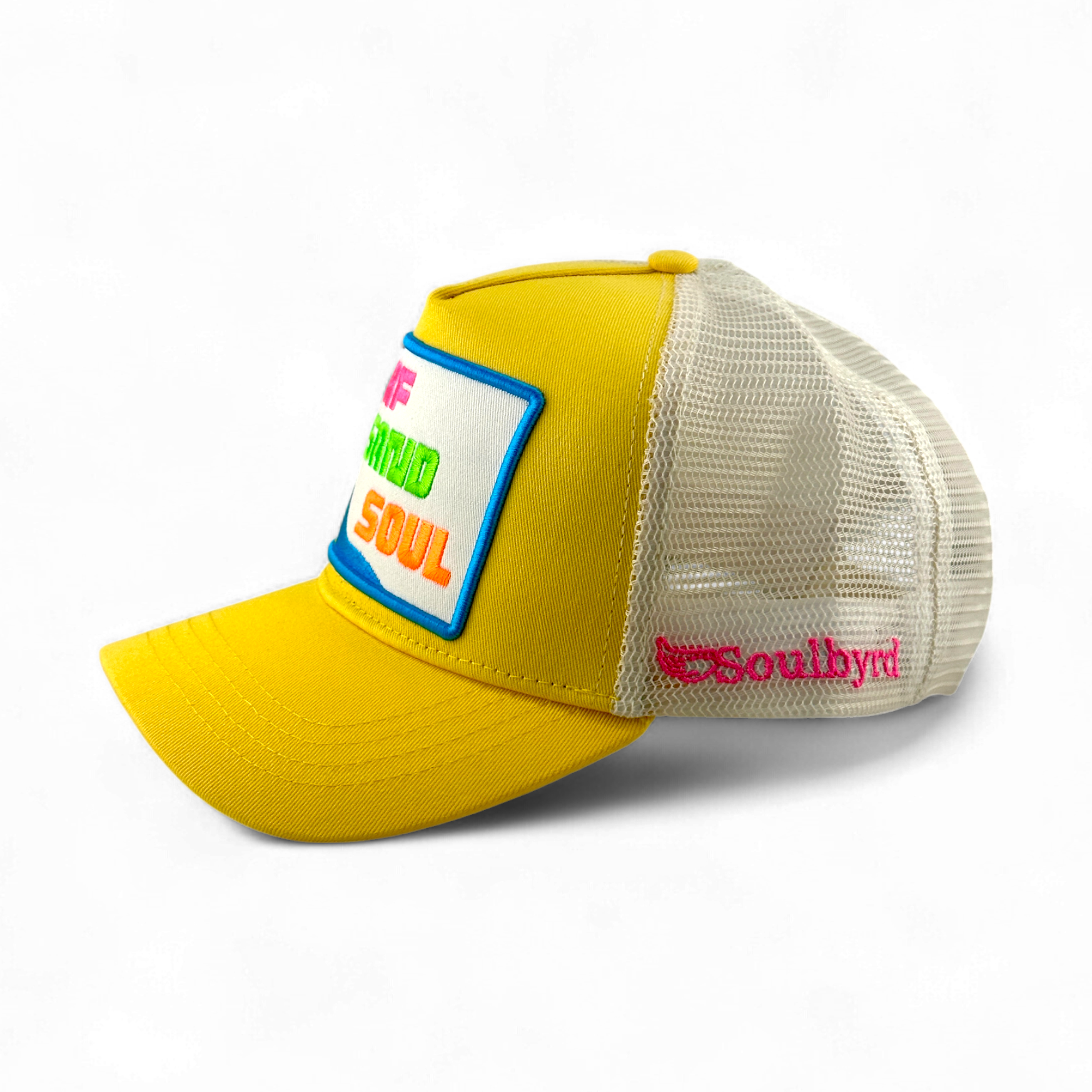Yellow cotton twill trucker hat with embroidered SURF SAND SOUL patch and mesh back