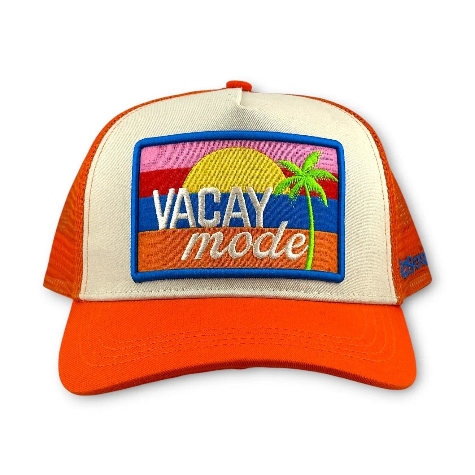 Orange and cream Vacay Mode trucker hat with embroidered sunset palm tree patch
