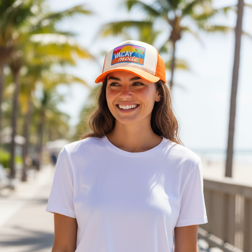 Woman wearing orange Vacay Mode trucker hat on sunny beach boardwalk