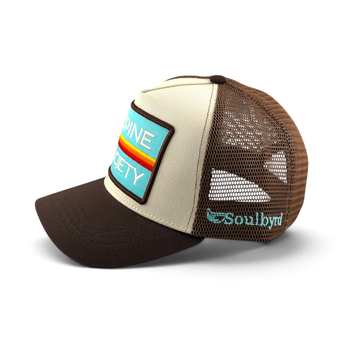 Soulbyrd Wholesale Alpine Society brown and cream 5-panel trucker hat with cotton twill front and nylon mesh back.