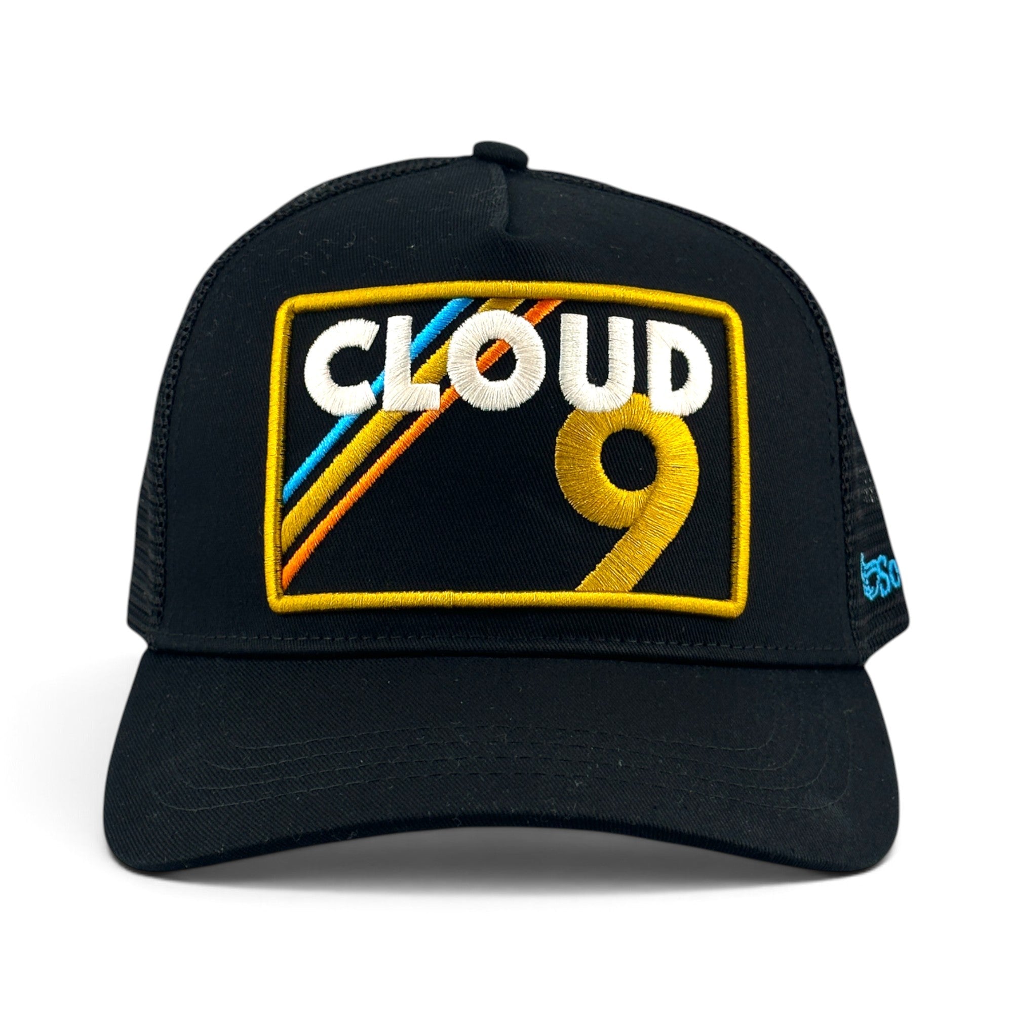 Soulbyrd Wholesale black 5-panel trucker hat with cotton twill front and Cloud 9 embroidered patch, snapback closure.