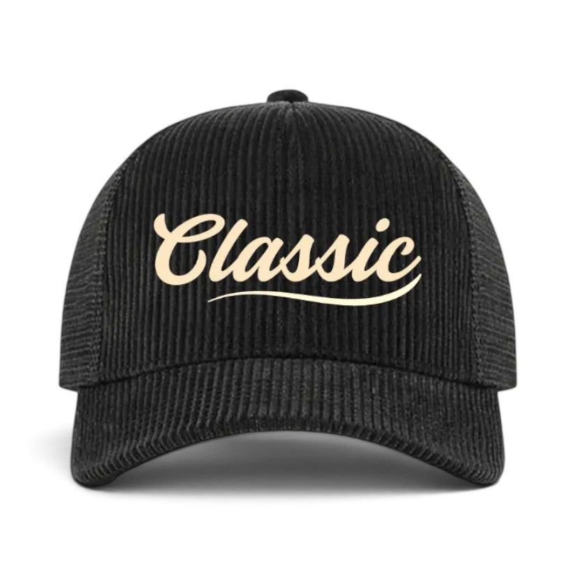Soulbyrd Wholesale black corduroy trucker hat with cream Classic script embroidery and adjustable snapback closure