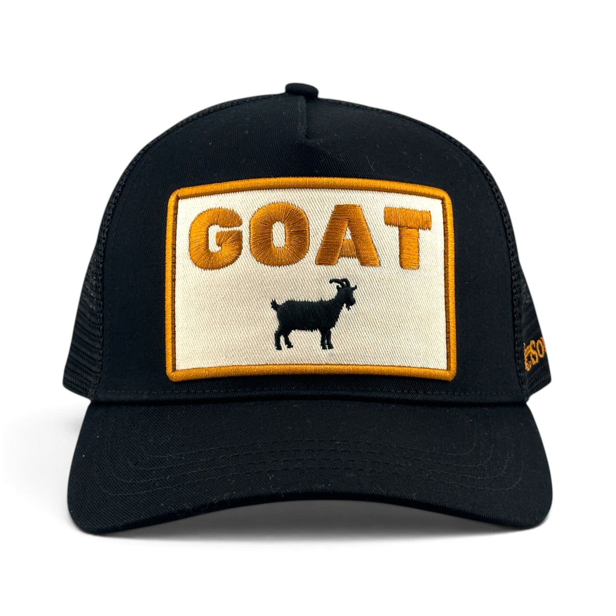 Soulbyrd Wholesale black 5-panel trucker hat with a cream patch featuring GOAT text and a goat icon