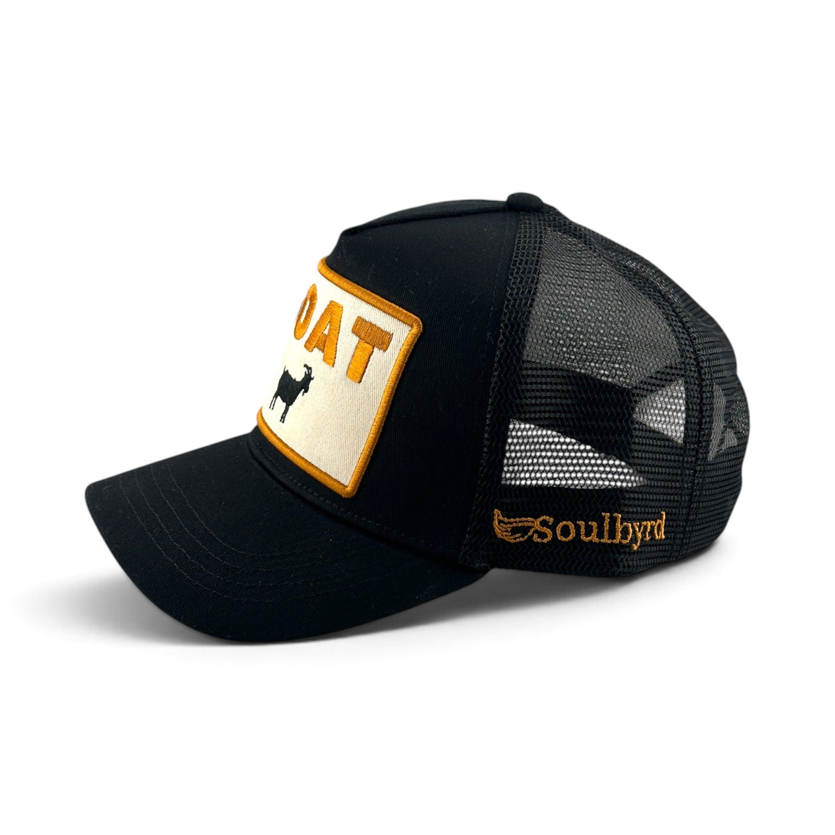 Soulbyrd Wholesale black 5-panel trucker hat with cotton twill front, nylon mesh back, and GOAT patch on the front.