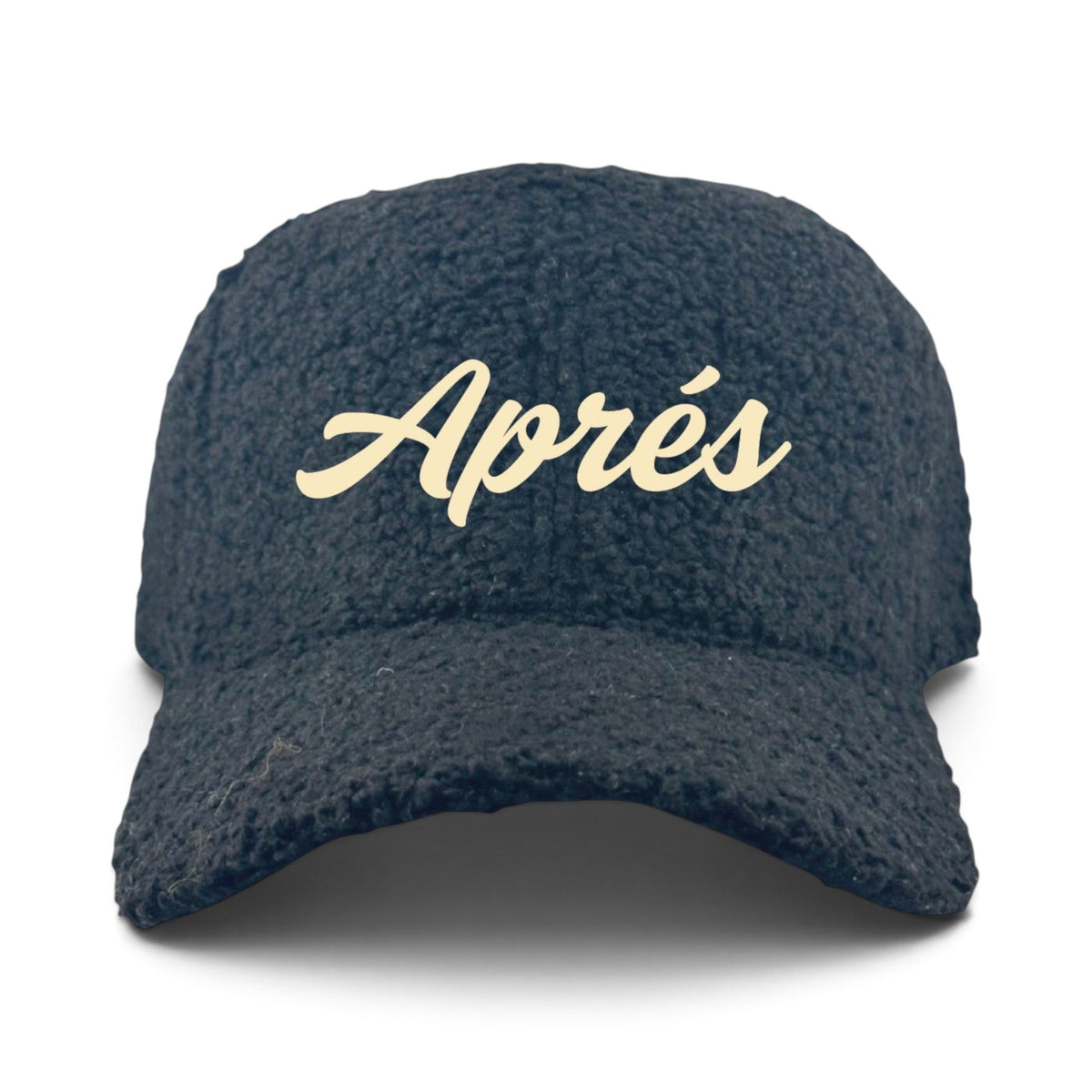 Soulbyrd Wholesale black faux sherpa trucker hat with cream embroidered Apres text on the front