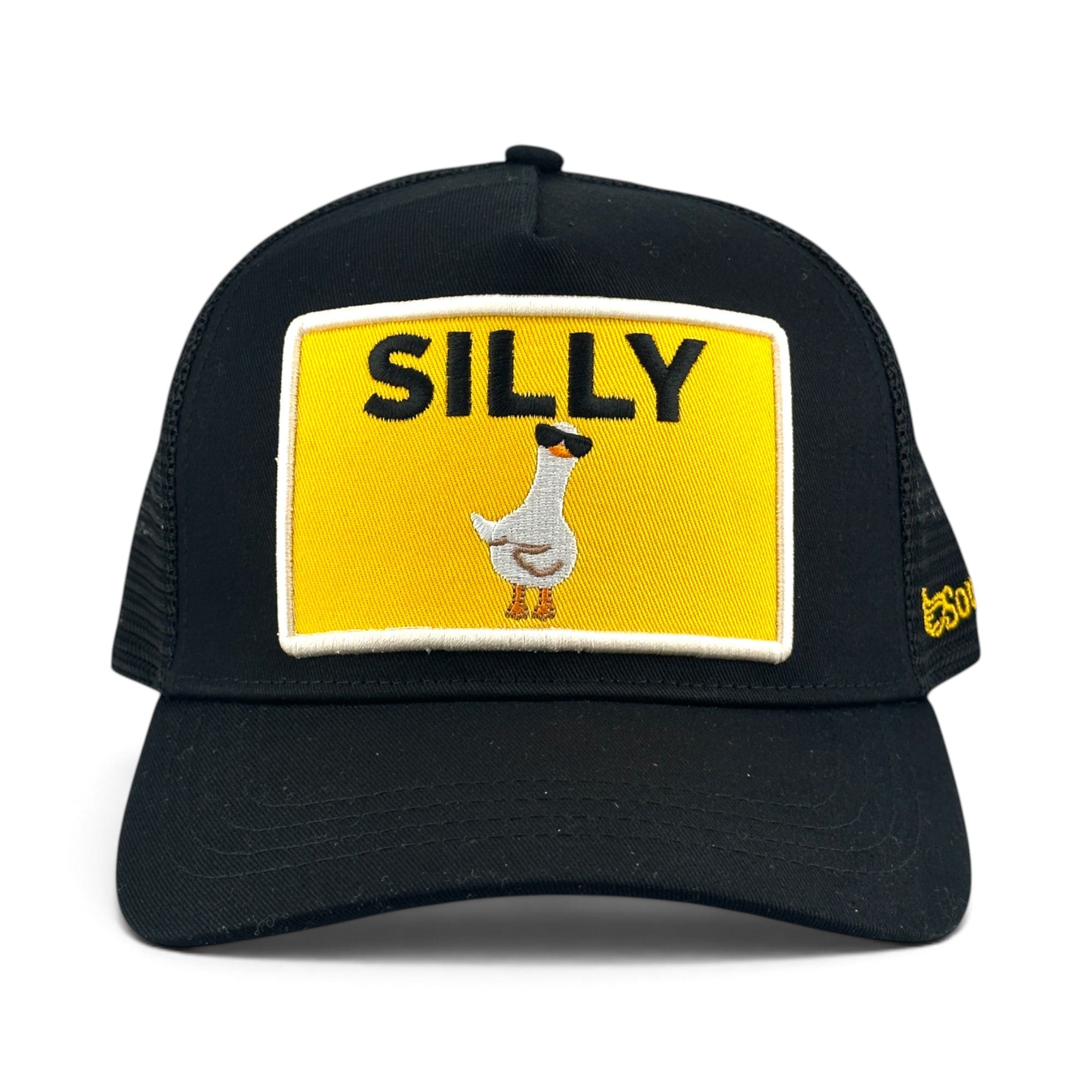 Soulbyrd Wholesale black 5-panel trucker hat with a yellow patch featuring a silly goose graphic and text.