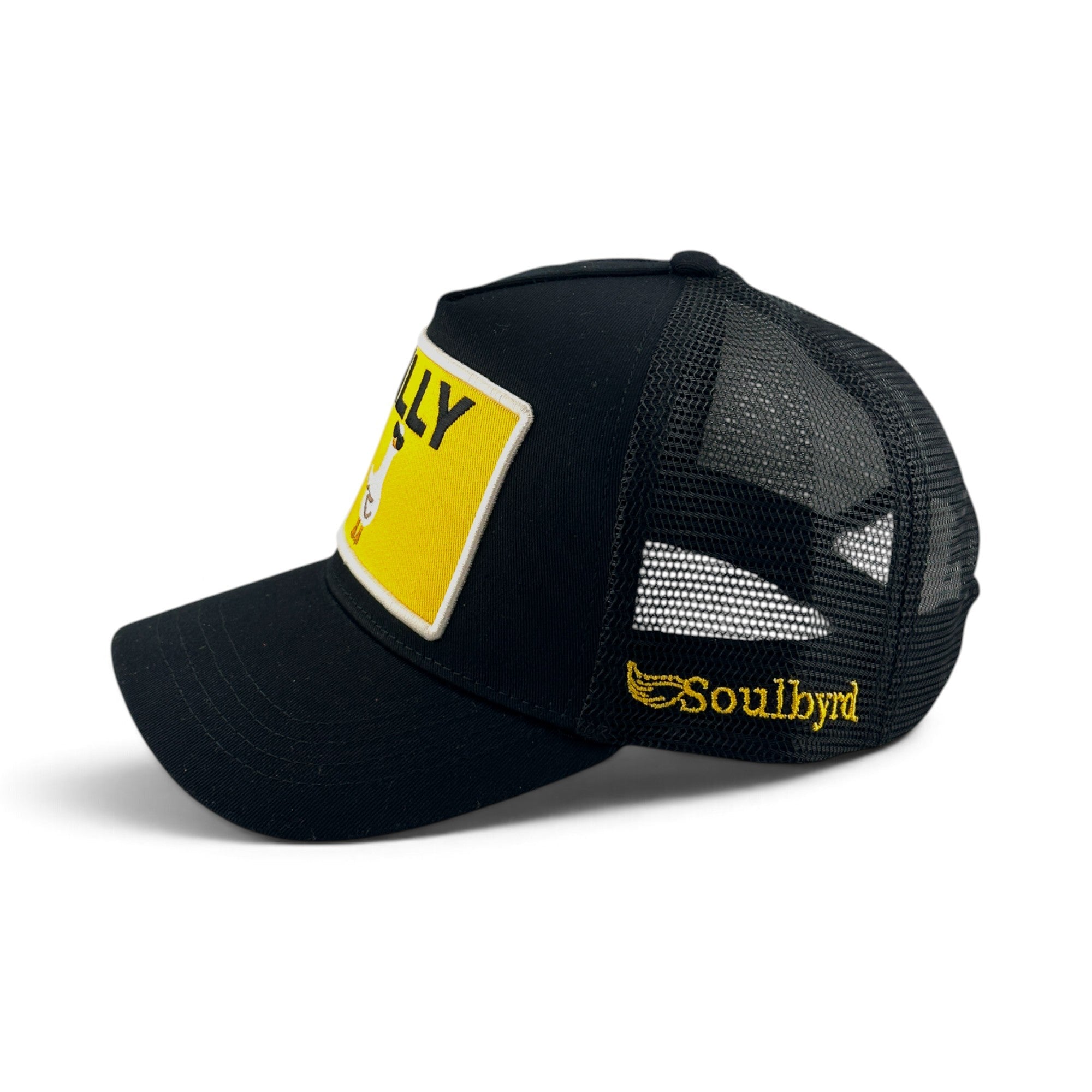 Soulbyrd Wholesale black 5-panel trucker hat with cotton twill front, nylon mesh back, and Silly Goose patch.