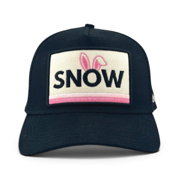 Soulbyrd Wholesale black 5-panel trucker hat with a white patch featuring the word SNOW and pink bunny ears