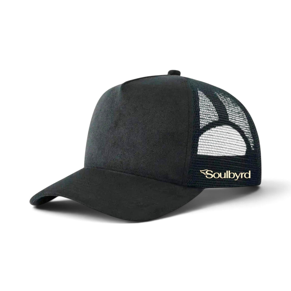 Soulbyrd Wholesale black 5-panel trucker hat with suede crown, polyester bill, and breathable nylon mesh back