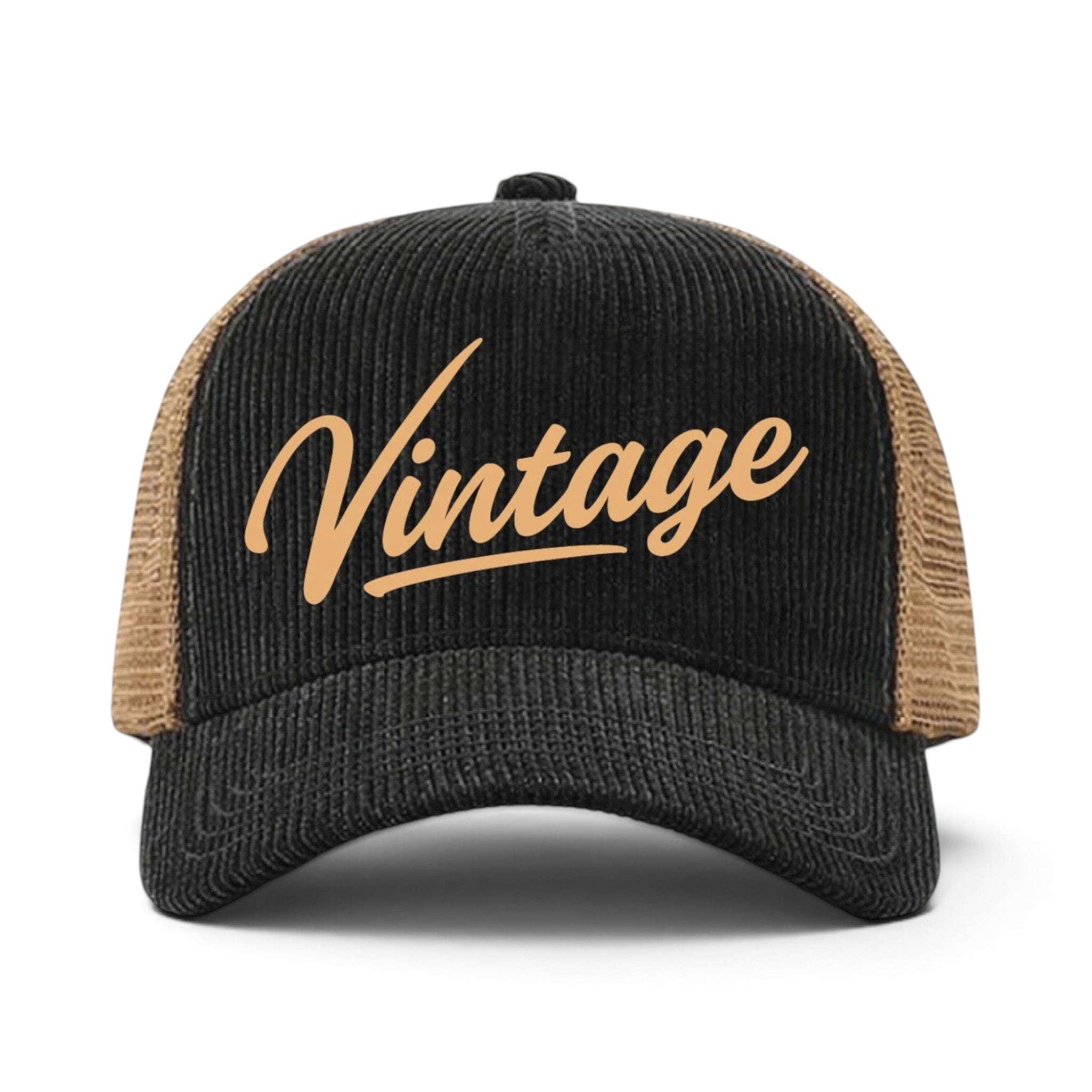 Soulbyrd Wholesale black corduroy trucker hat with tan mesh back and Vintage script embroidery on the front