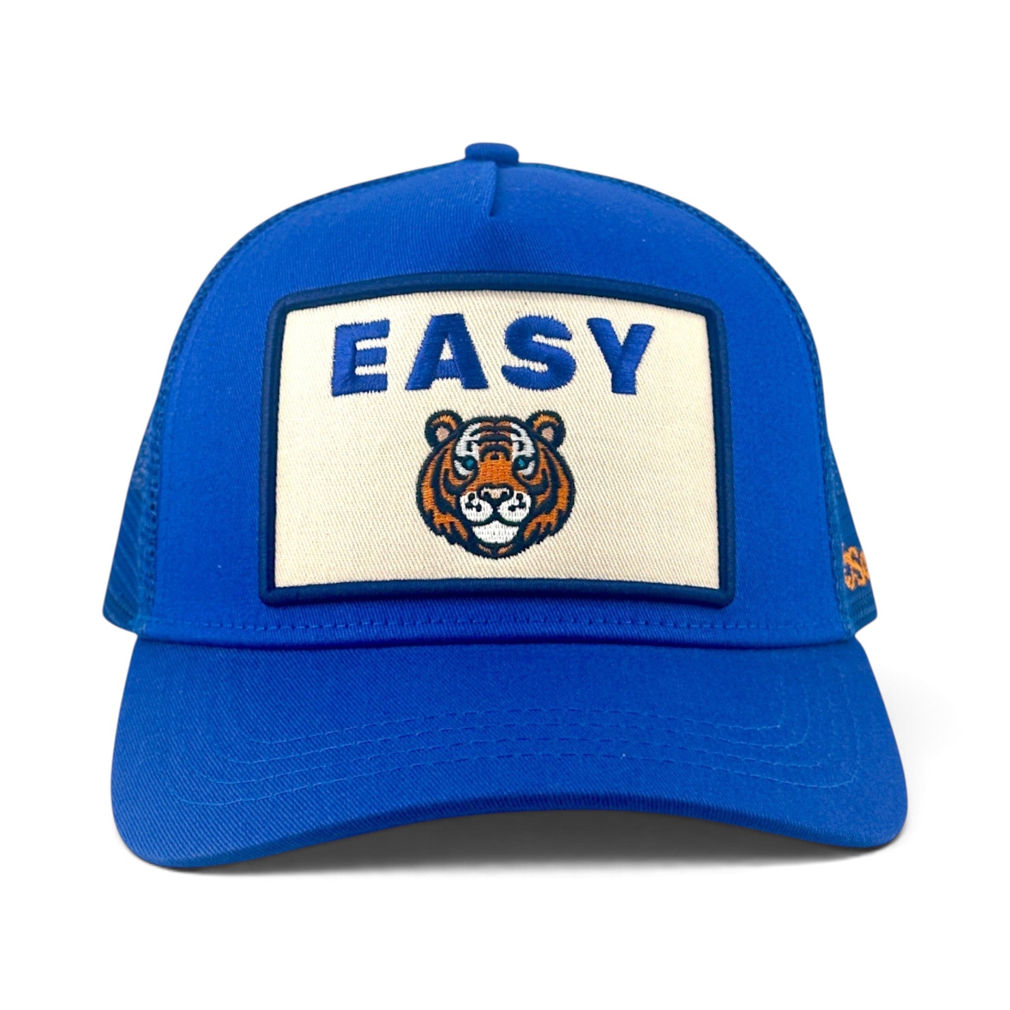 Soulbyrd Wholesale blue 5-panel trucker hat with cotton twill front and nylon mesh back featuring an Easy Tiger patch
