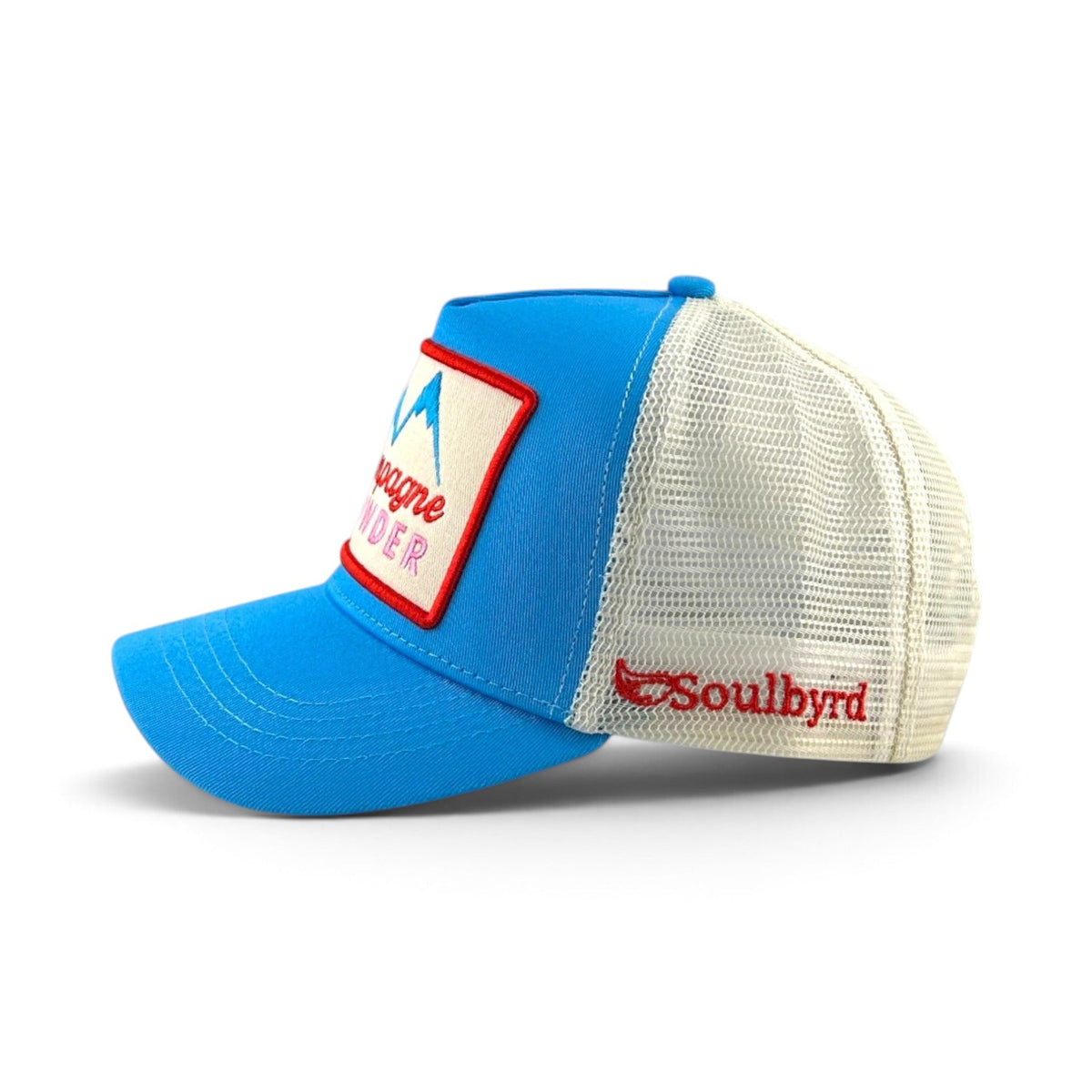 Soulbyrd Wholesale blue 5-panel trucker hat with cotton crown, nylon mesh back, and mountain graphic patch