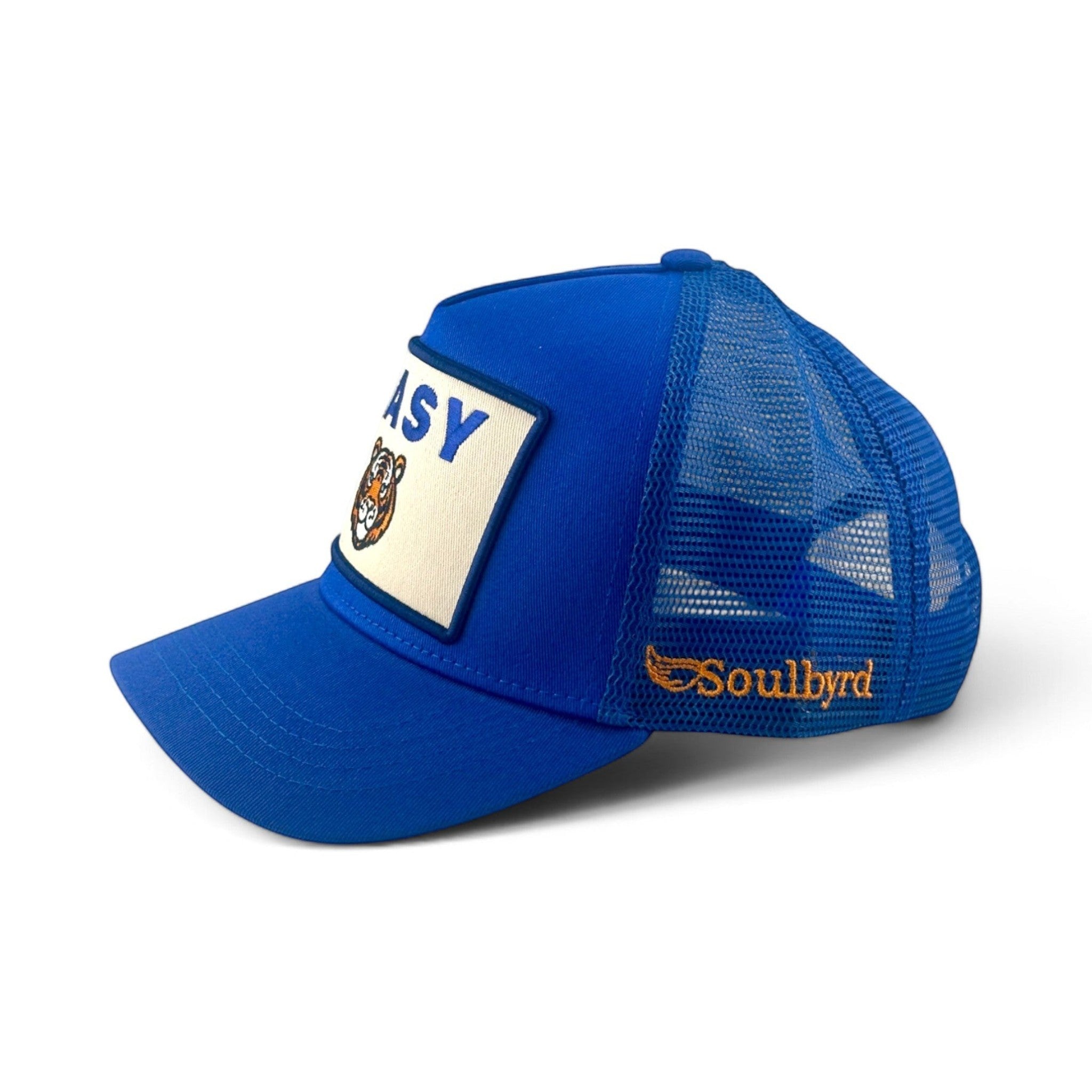 Soulbyrd Wholesale blue 5-panel trucker hat with cotton twill front, nylon mesh back, and tiger graphic patch.