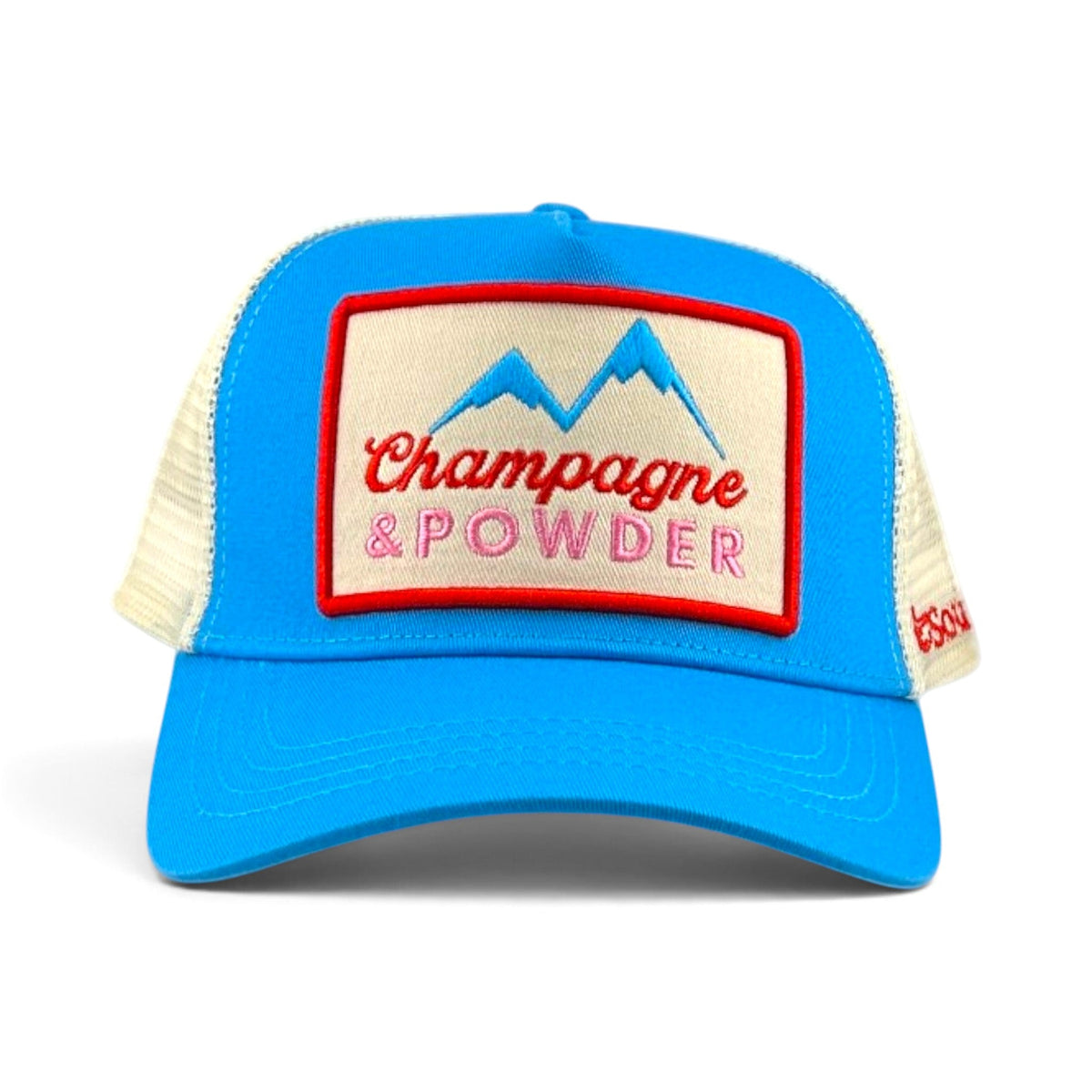 Soulbyrd Wholesale blue 5-panel trucker hat with white mesh back and Champagne & Powder mountain graphic patch