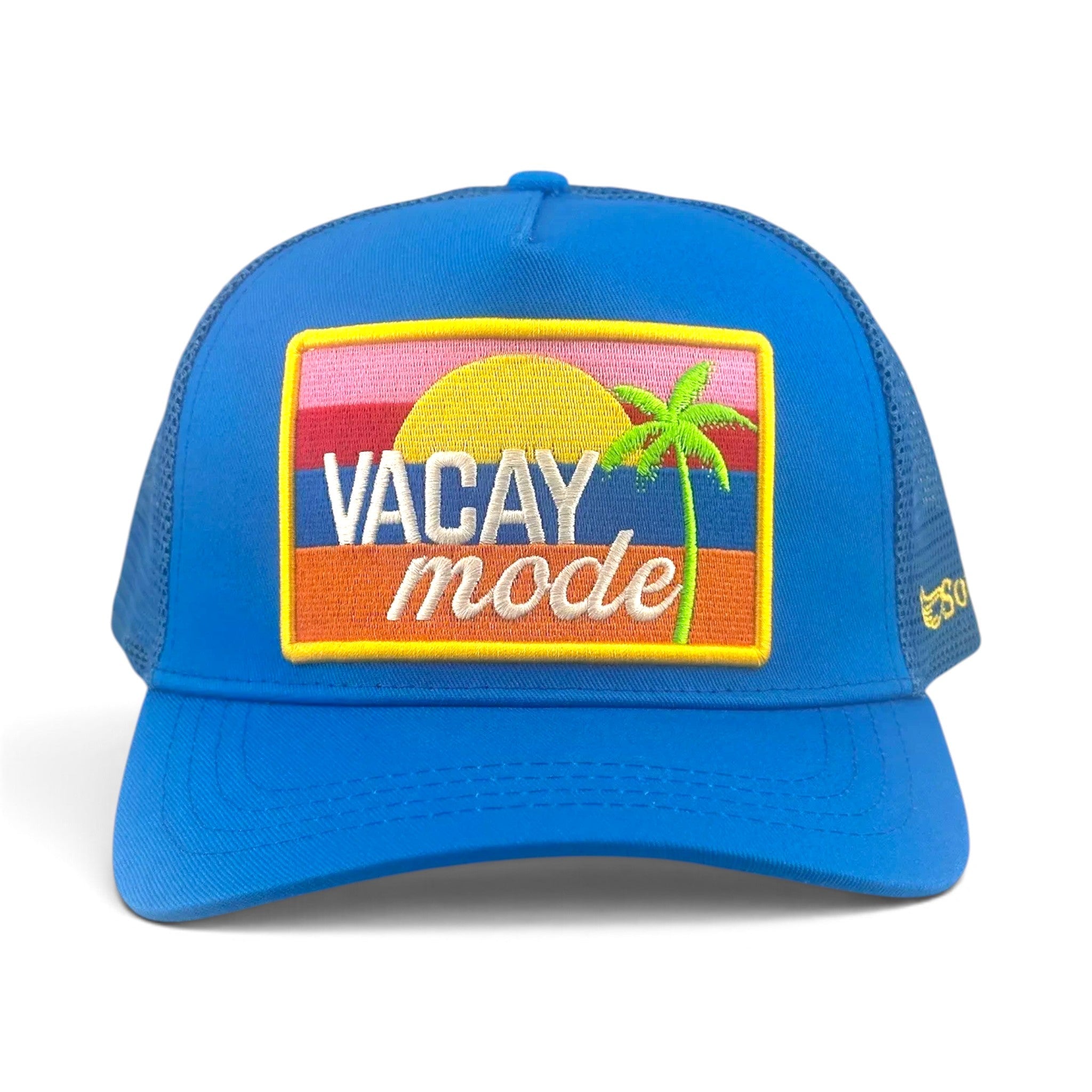 Soulbyrd Wholesale blue 5-panel trucker hat with Vacay Mode sunset and palm tree embroidered patch
