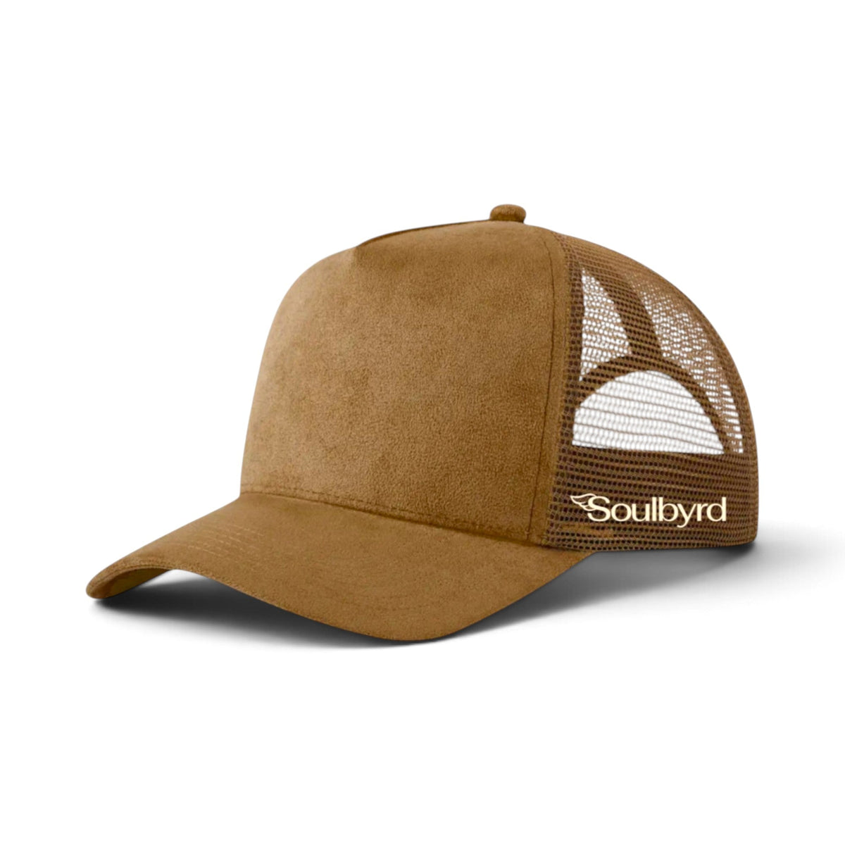 Soulbyrd Wholesale brown suede 5-panel trucker hat with mesh back and adjustable snapback closure.