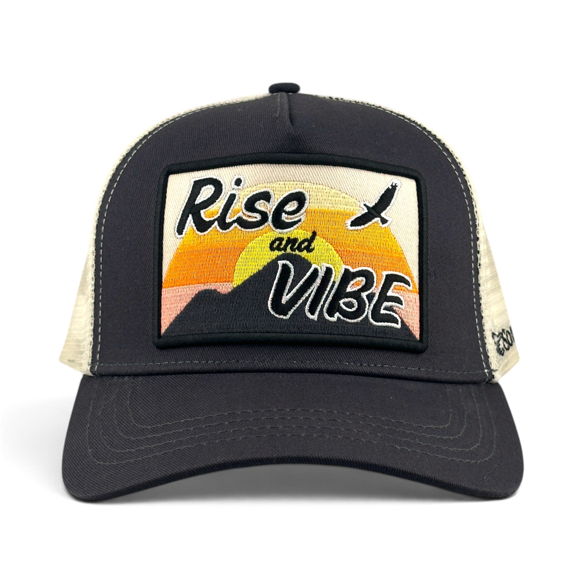 Soulbyrd Wholesale charcoal 5-panel trucker hat with Rise & Vibe sunset mountain patch and breathable nylon mesh back
