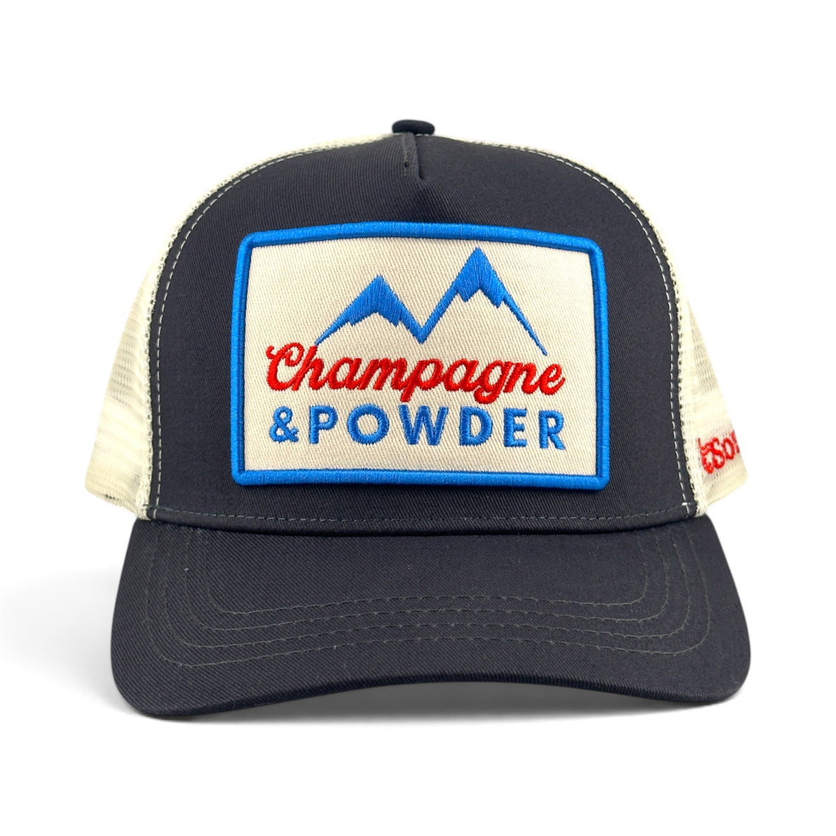 Soulbyrd Wholesale charcoal 5-panel trucker hat with a Champagne & Powder mountain patch and adjustable snapback.