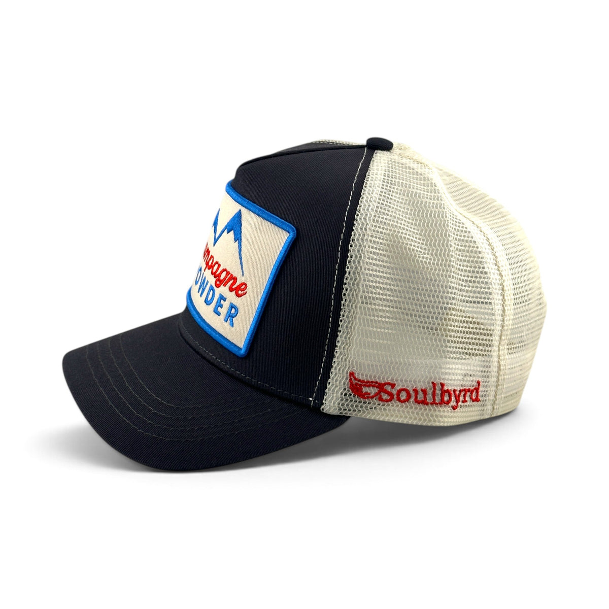Soulbyrd Wholesale charcoal and white mesh trucker hat with Champagne & Powder mountain patch and side embroidery