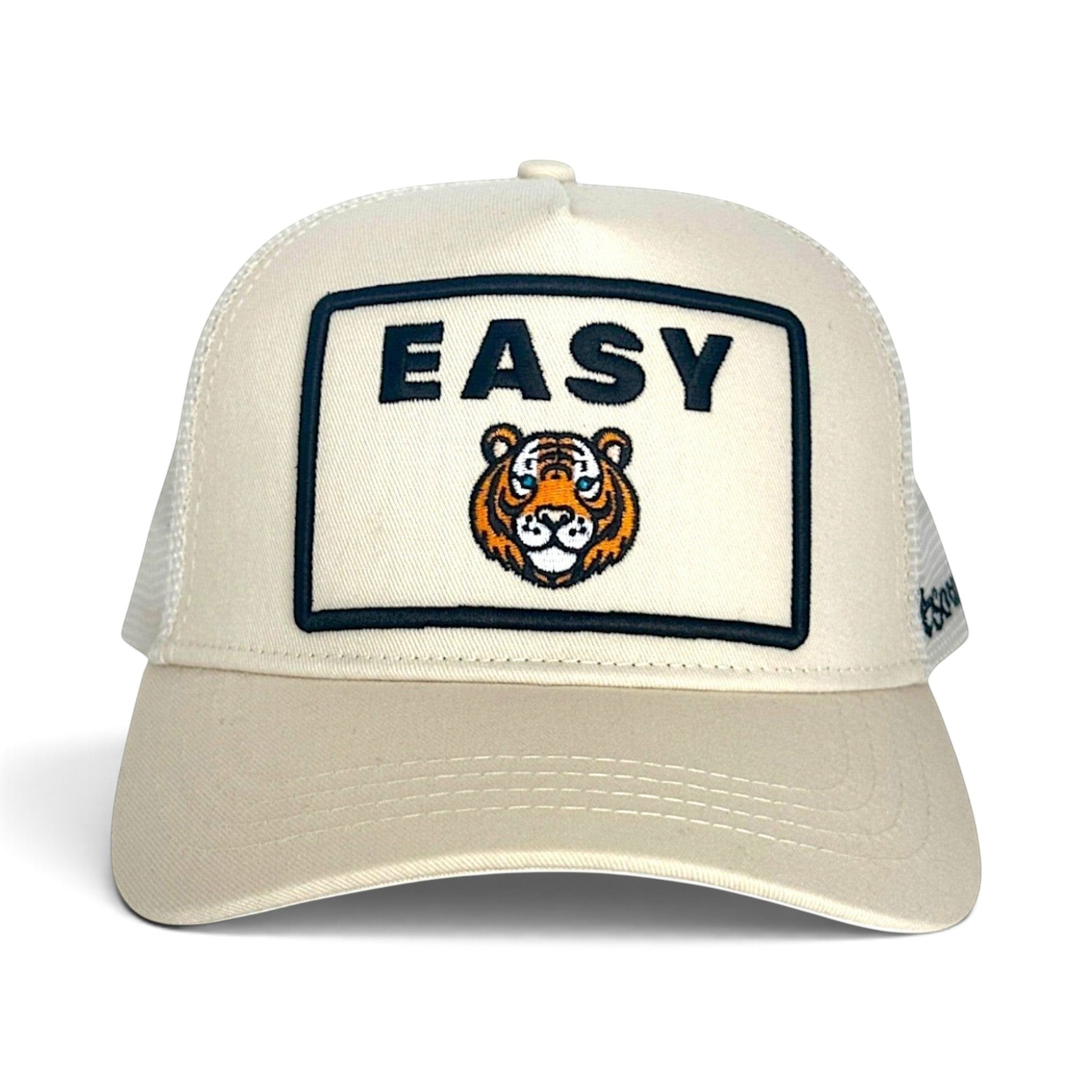 Soulbyrd Wholesale cream 5-panel trucker hat with Easy Tiger graphic patch, cotton twill front, and nylon mesh back.