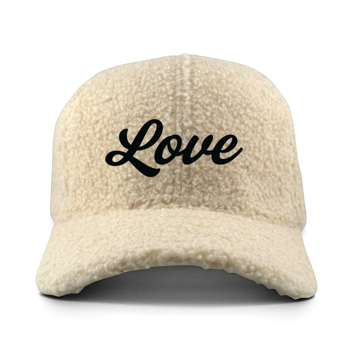 Soulbyrd Wholesale cream faux sherpa trucker hat with black embroidered Love text and adjustable snapback closure