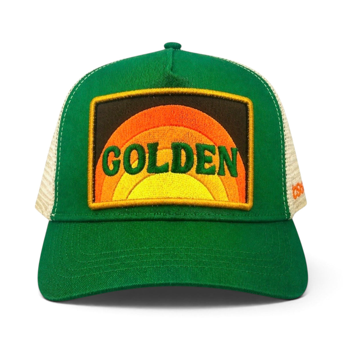 Soulbyrd Wholesale green trucker hat with cotton twill front and mesh back featuring a Golden sunset patch