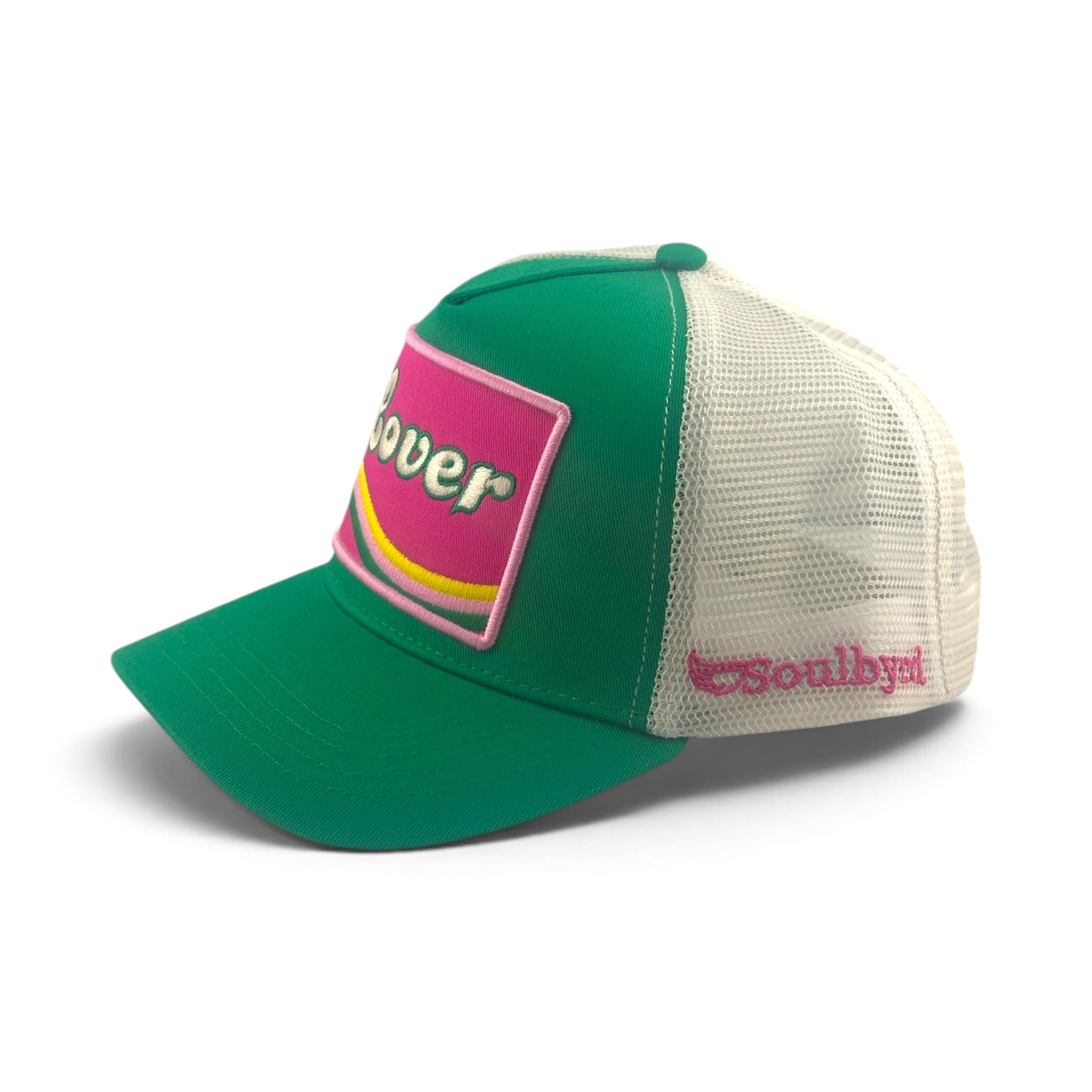 Soulbyrd Wholesale green and white trucker hat with Lover patch and adjustable snapback closure