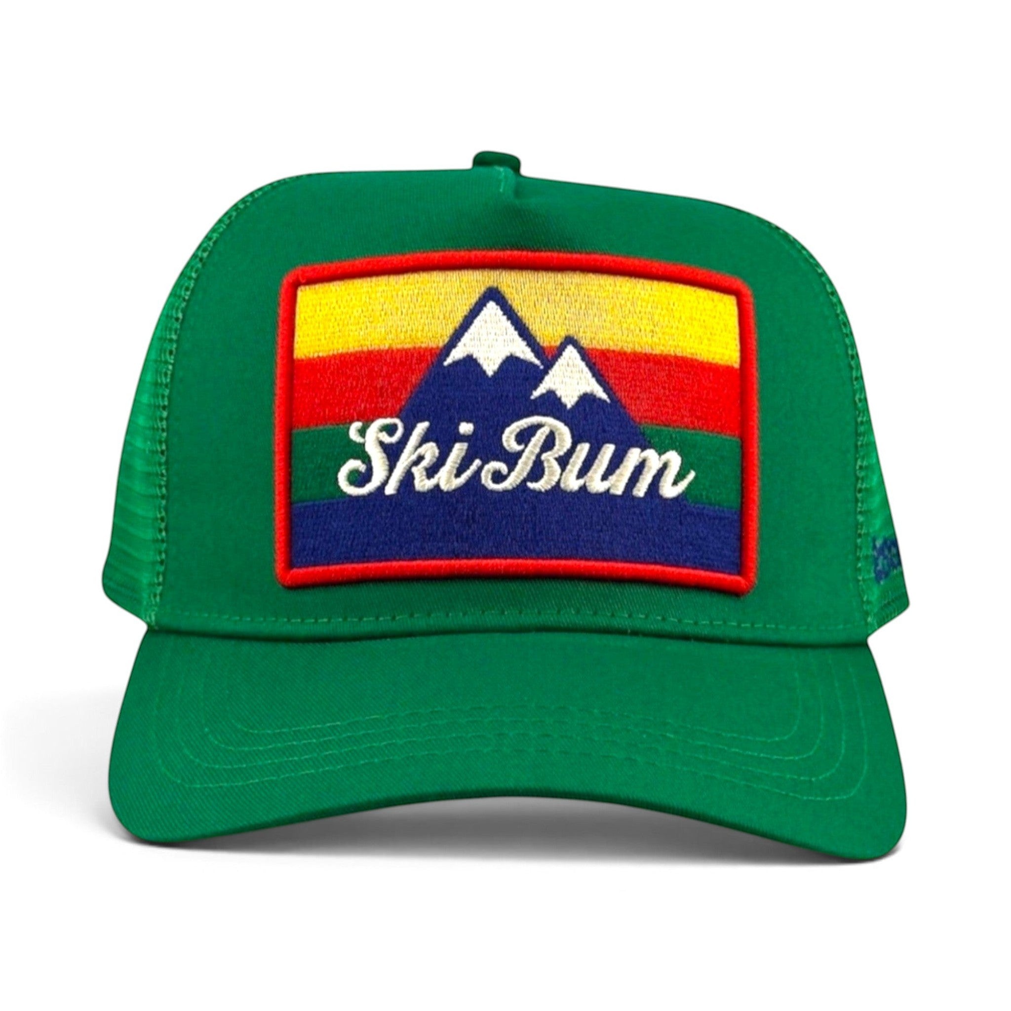 Soulbyrd Wholesale green 5-panel trucker hat with a colorful mountain patch and Ski Bum embroidery