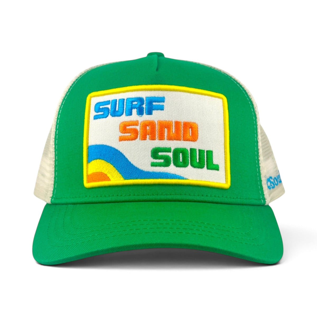 Soulbyrd Wholesale green 5-panel trucker hat with cotton twill front and Surf Sand Soul embroidered patch