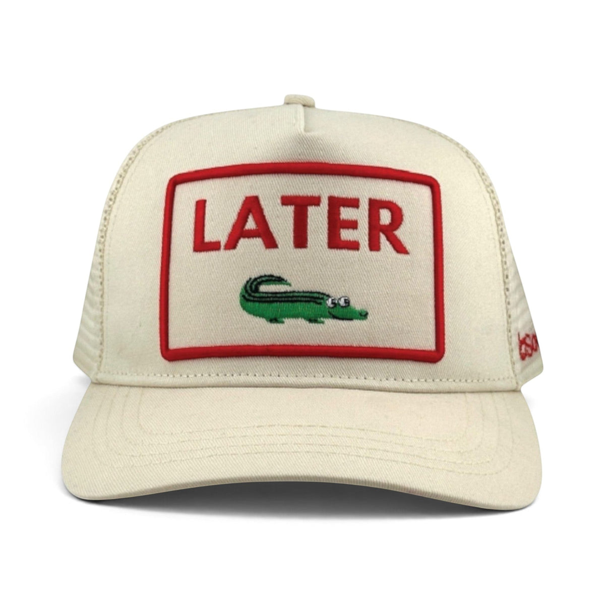 Soulbyrd Wholesale ivory 5-panel trucker hat with cotton twill front, mesh back, and Later Gator embroidered patch.
