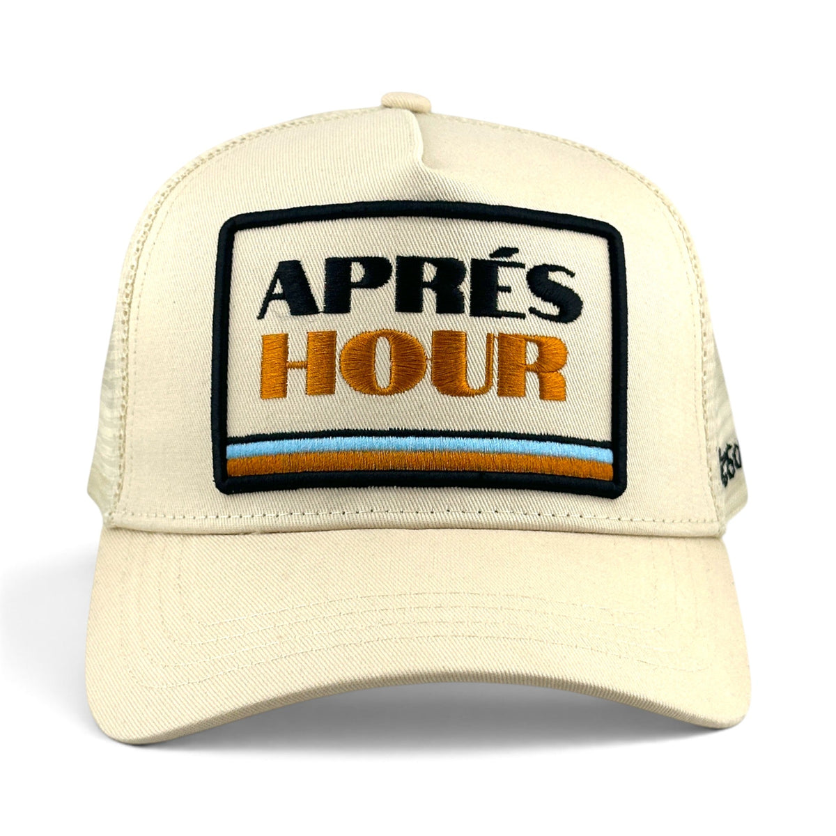 Soulbyrd Wholesale ivory 5-panel trucker hat with cotton twill crown and mesh back featuring Aprés Hour embroidery