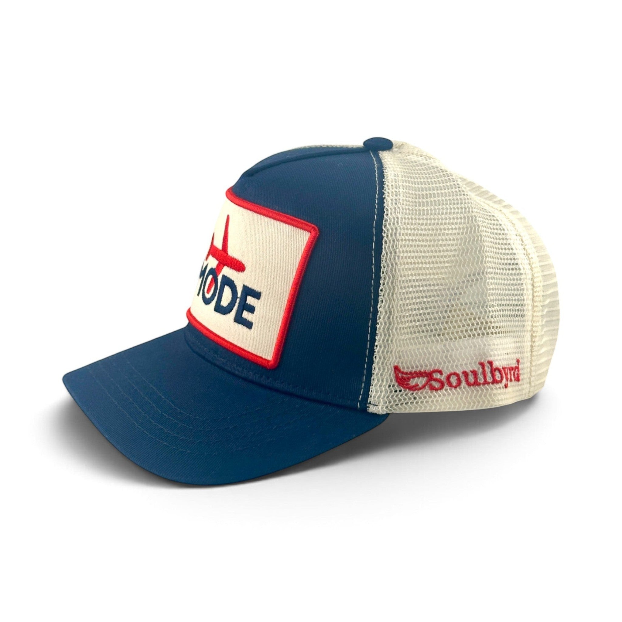 Soulbyrd Wholesale navy cotton and white mesh trucker hat with Airplane Mode patch and side logo embroidery
