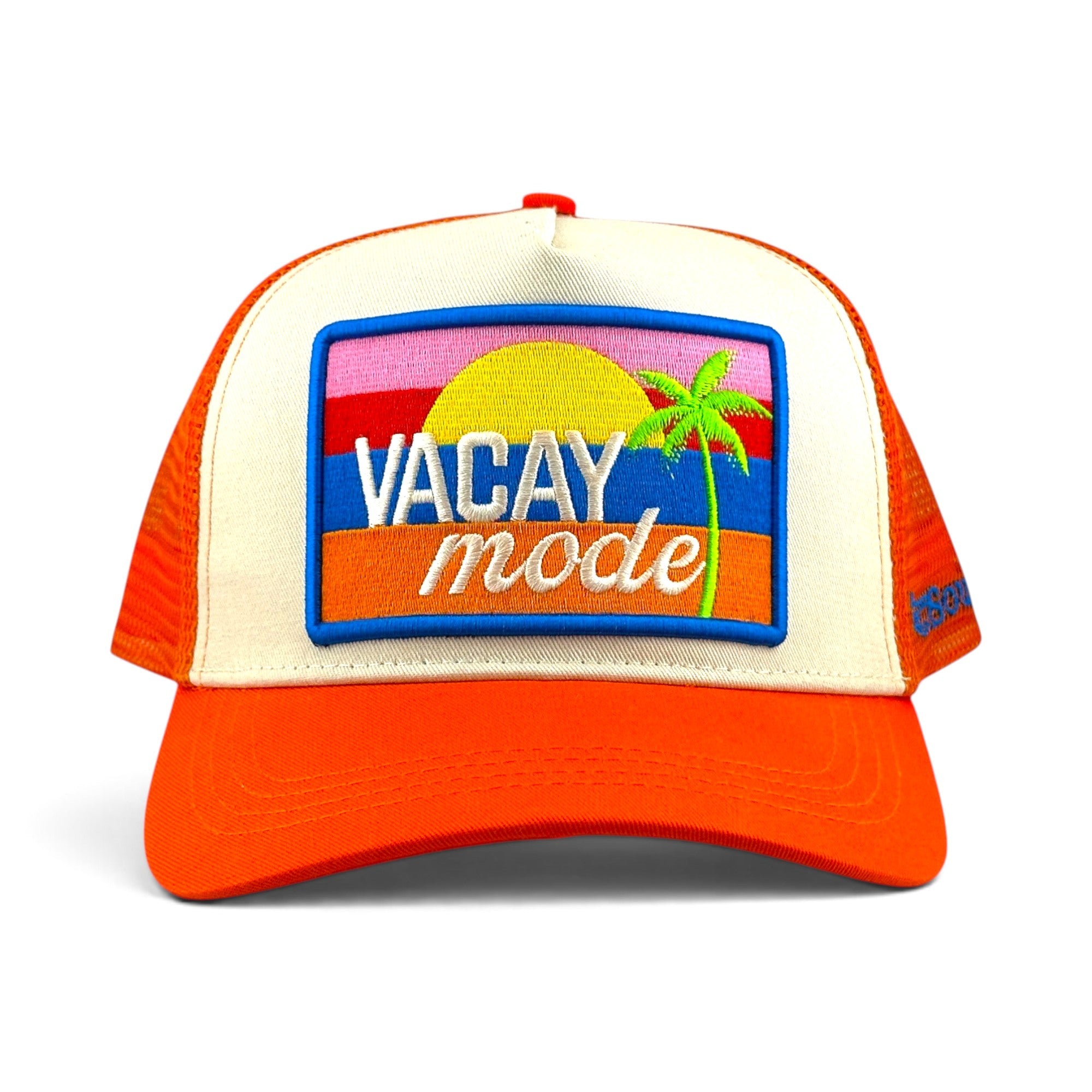 Soulbyrd Wholesale orange and cream trucker hat with a colorful Vacay Mode sunset and palm tree embroidered patch