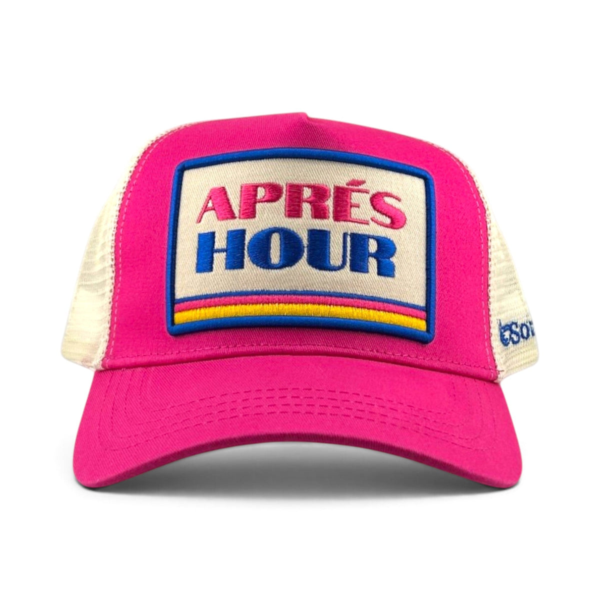 Soulbyrd Wholesale pink 5-panel trucker hat with cotton twill front and nylon mesh back featuring Apres Hour patch
