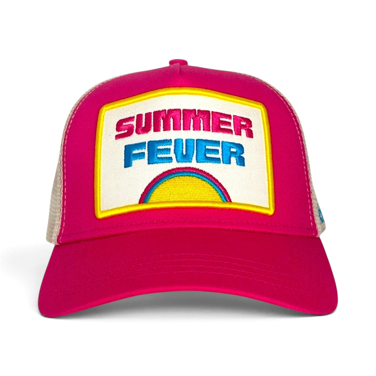 Soulbyrd Wholesale pink trucker hat with Summer Fever patch, cotton twill crown, and breathable nylon mesh back.