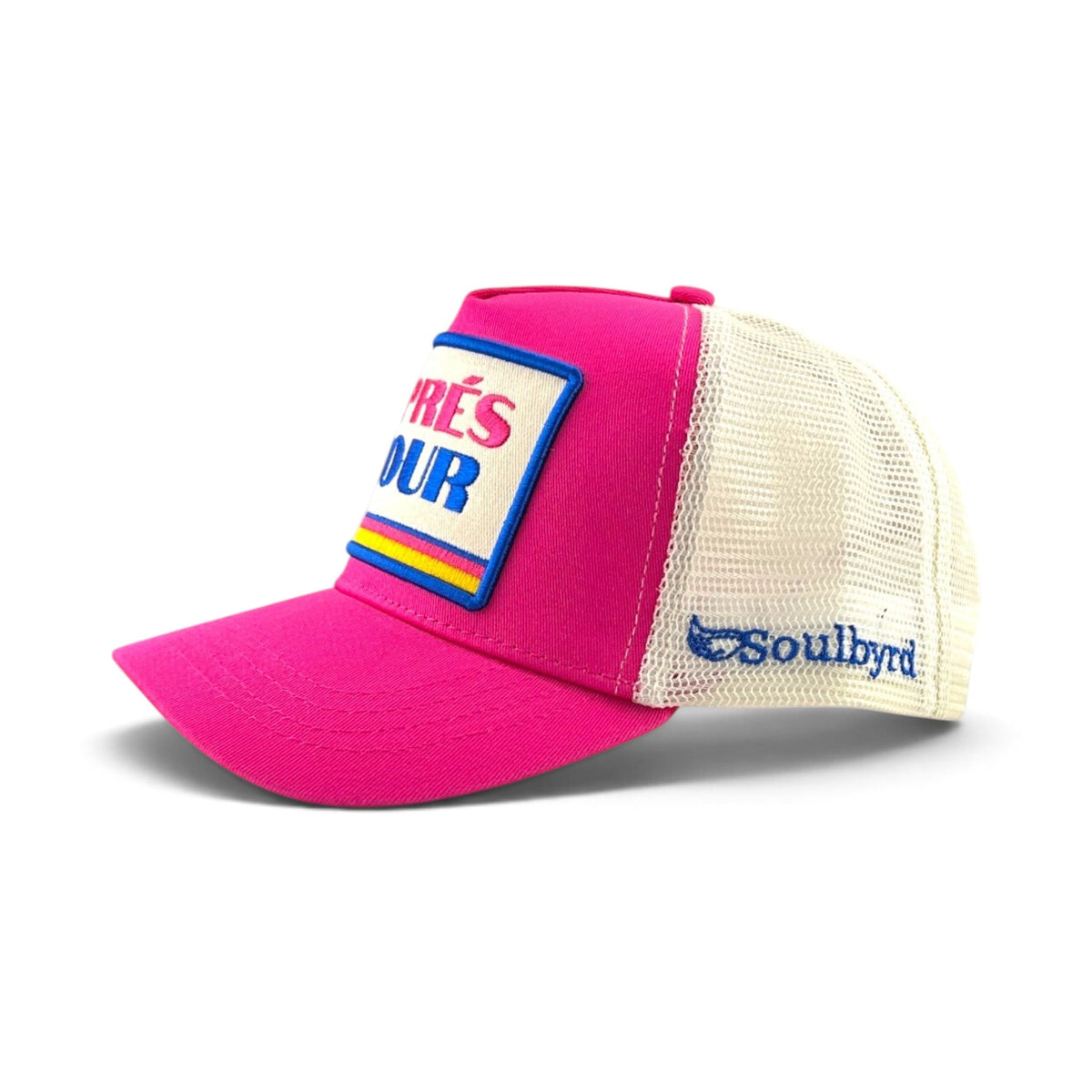 Soulbyrd Wholesale pink 5-panel trucker hat with white mesh back and Aprés Hour patch on the cotton twill front